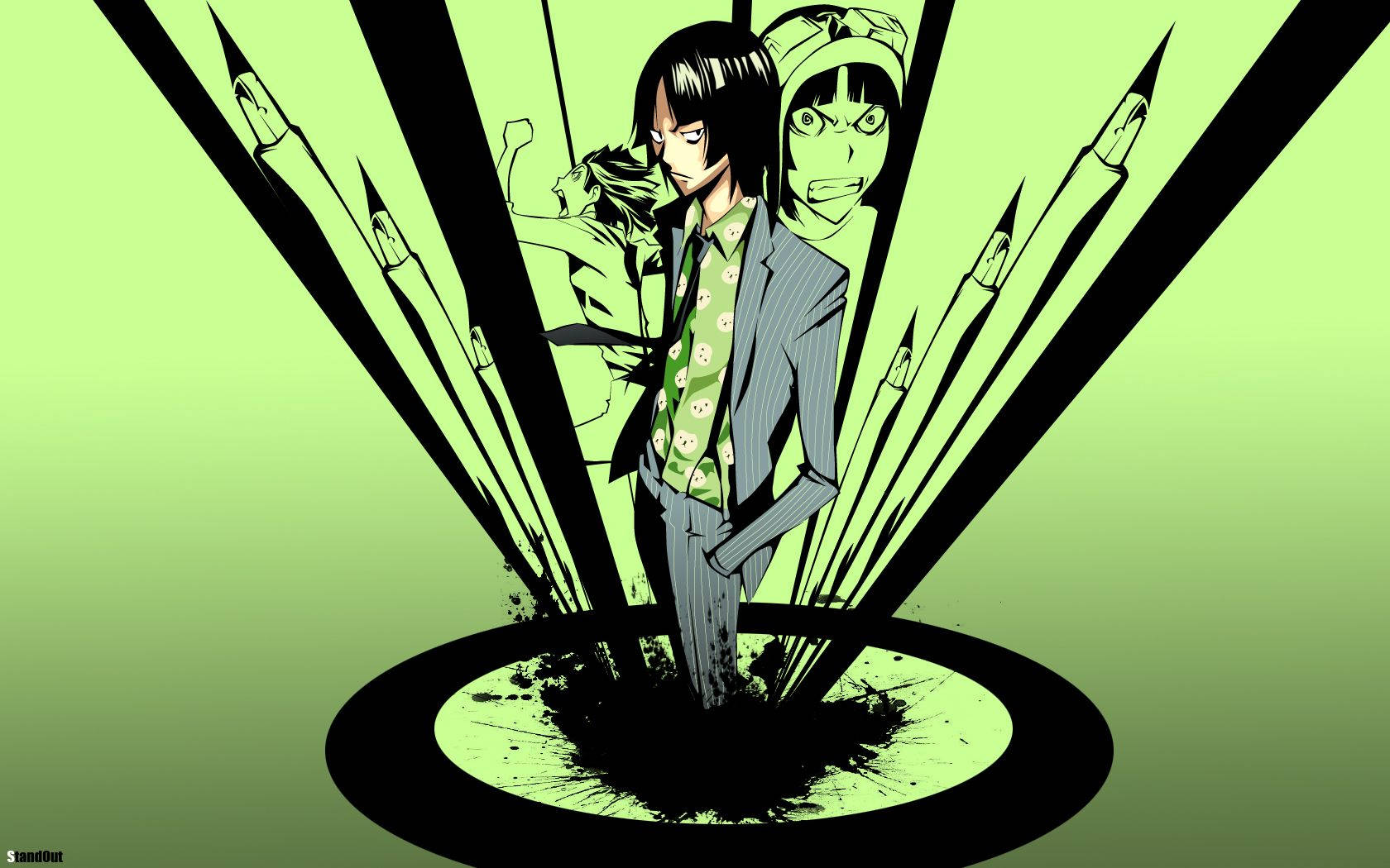 Bakuman 桌布 壁紙 — 一個風格化的動漫角色站在圓圈內，黑色畫筆從他們身後的地面噴出，背景為綠色漸變。