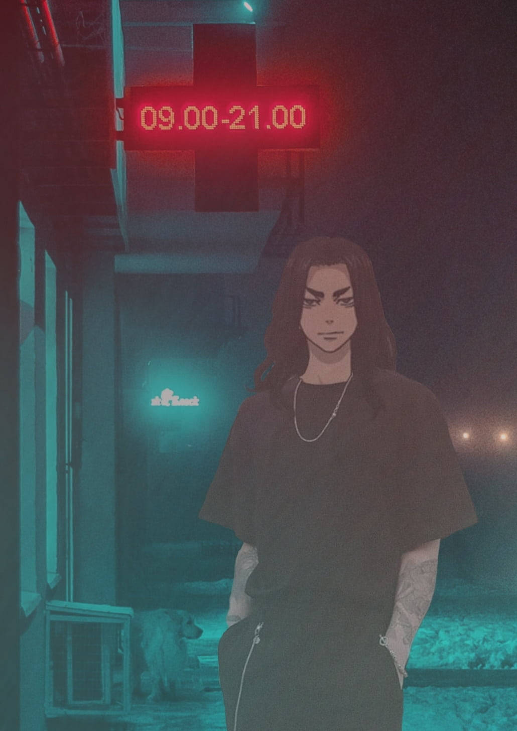 動漫男孩 桌布 壁紙 — 一個風格化的動漫角色站在夜晚霓虹燈照亮的城市小巷中，上方有紅色的診所招牌發光。