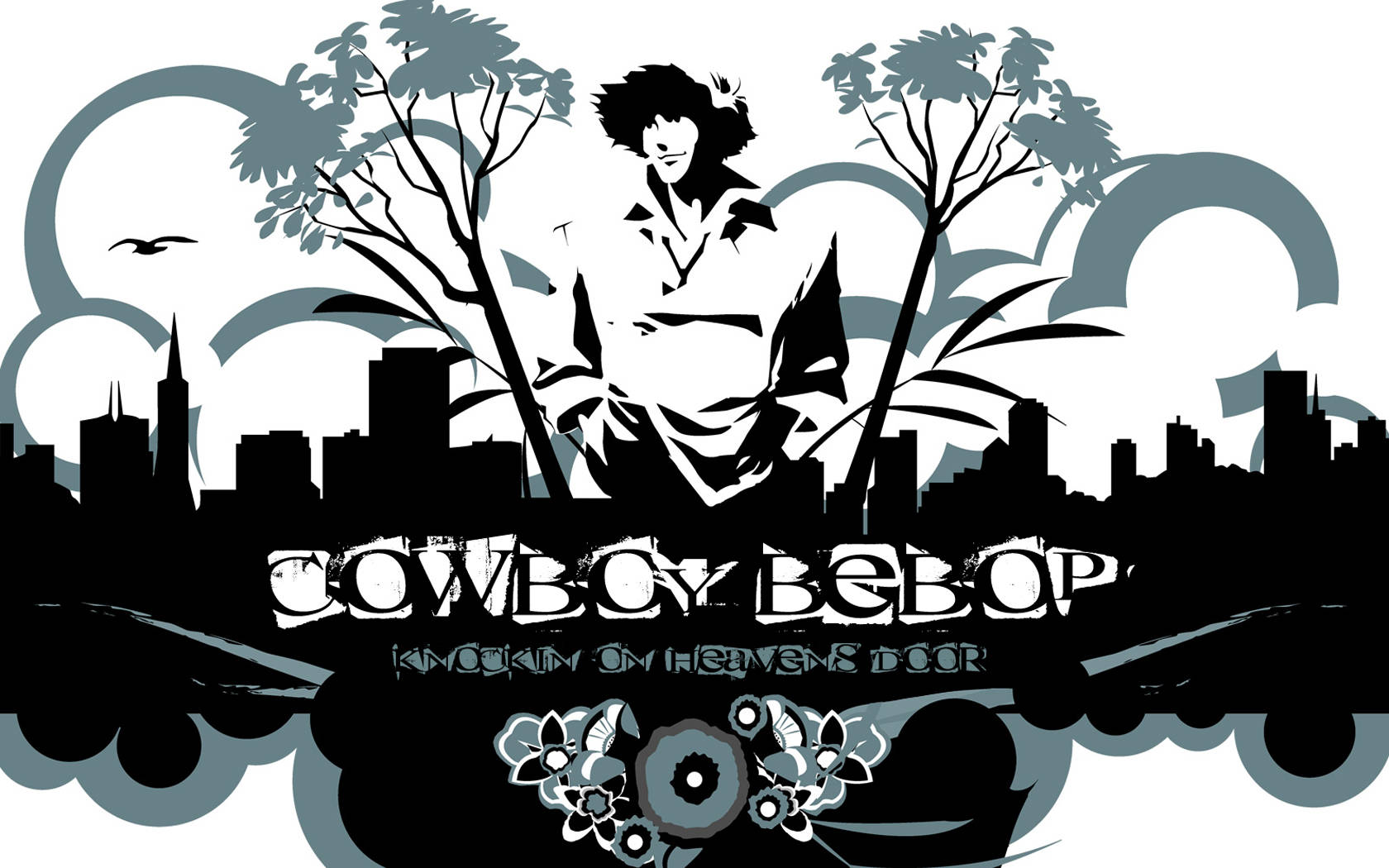 Cowboy Bebop Desktop 桌布 壁紙 — 一個風格化的動漫角色站在樹木之間，背景是城市天際線，並突出顯示標題 Cowboy Bebop。