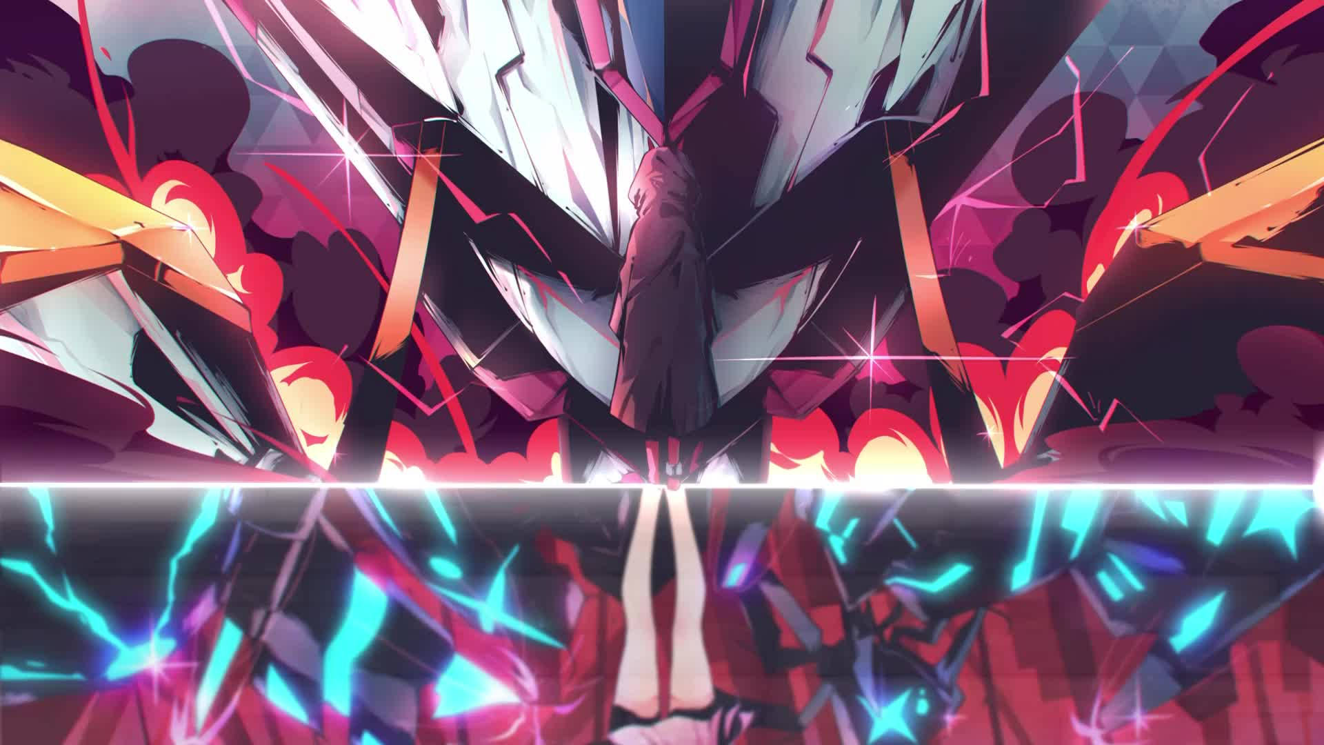 DARLING in the FRANXX 桌布 壁紙 — 一個風格化的動漫角色站在破碎的幾何碎片中，下方反射著鮮豔的粉紅、橙色和藍色霓虹燈光。