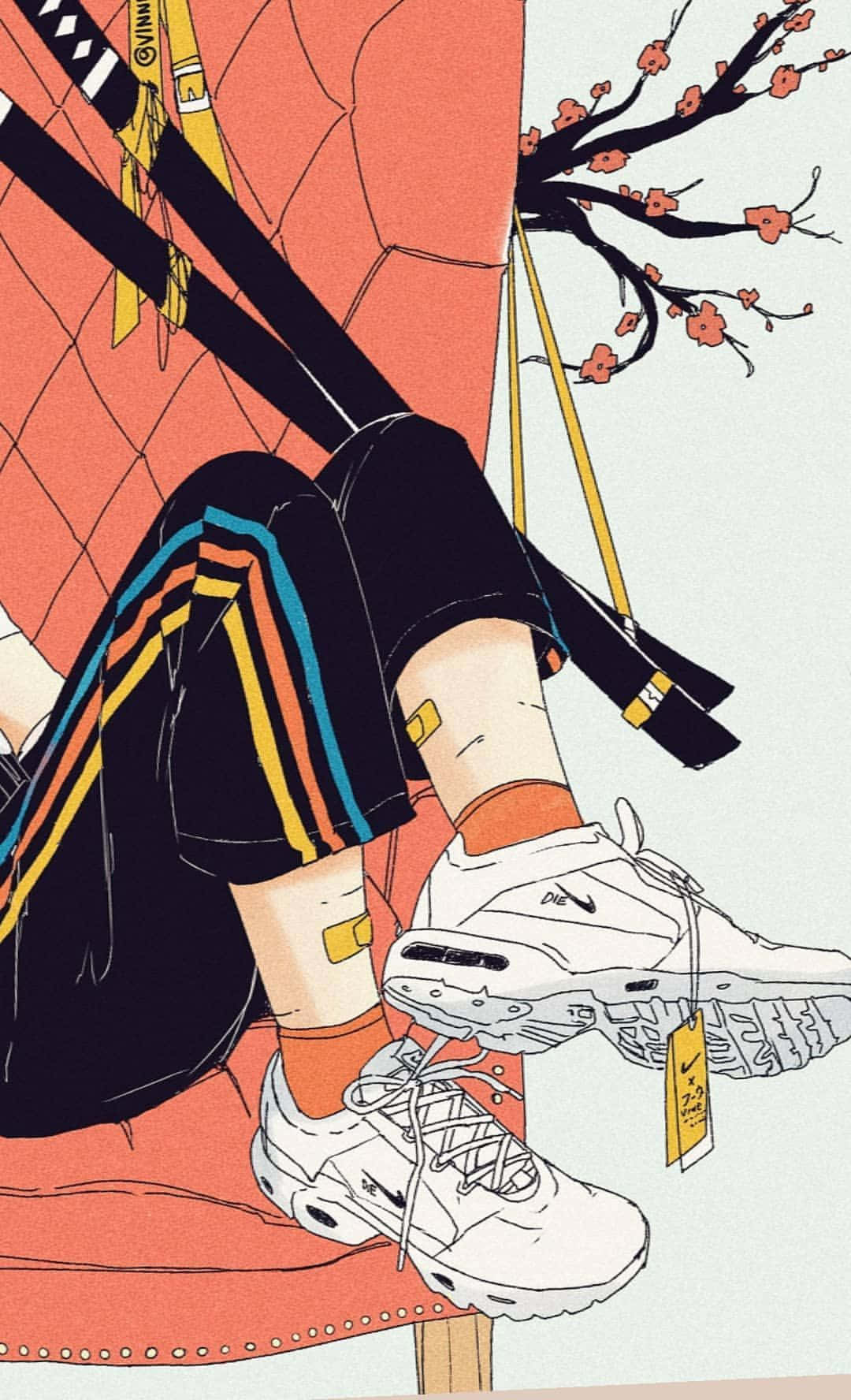 Aesthetic Manga 桌布 壁紙 — 一個風格化的動漫角色翹著腿，穿著白色運動鞋和條紋褲，以櫻花枝為背景悠閒地躺著。