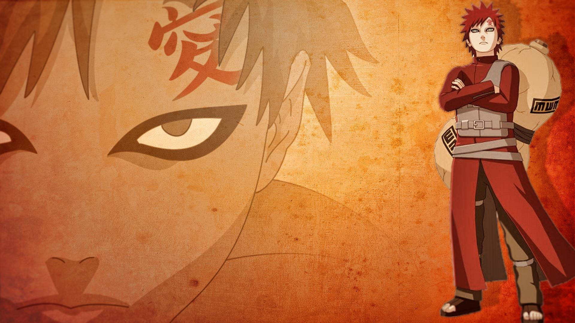 Gaara 桌布 壁紙 — 一個風格化的動漫角色自信地站在一個帶有紅色印章的堅定眼睛的大特寫旁邊。