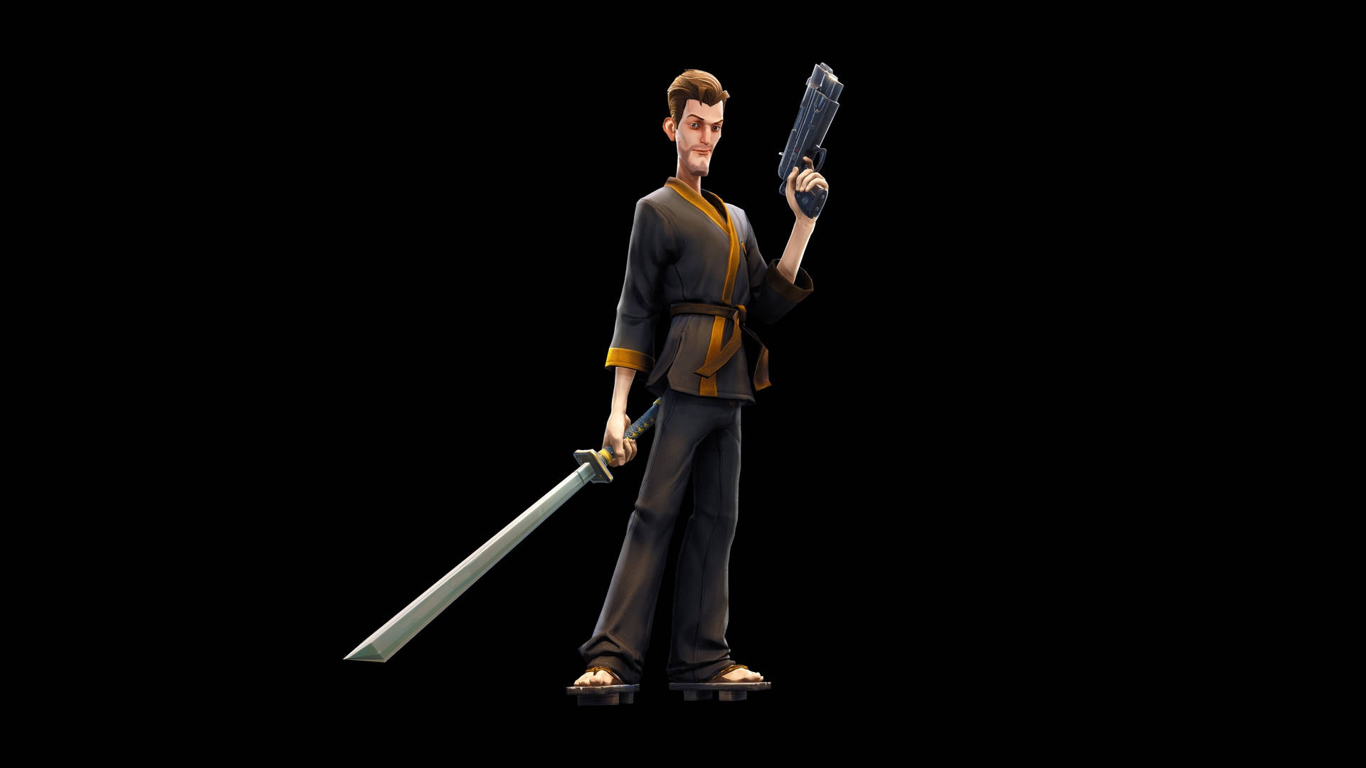 Fortnite 造型 桌布 壁紙 — 一個風格化的動漫角色自信地站立，手持劍和未來風格手槍，背景為黑色。