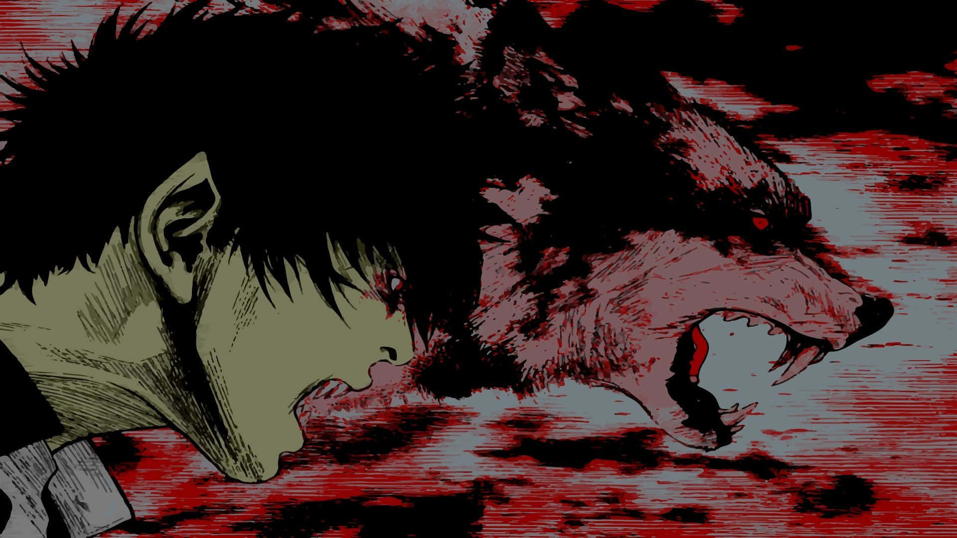 Horror Anime Boy 桌布 壁紙 — 一個風格化的動漫角色與咆哮的狼頭融合，背景是血紅色的紋理。