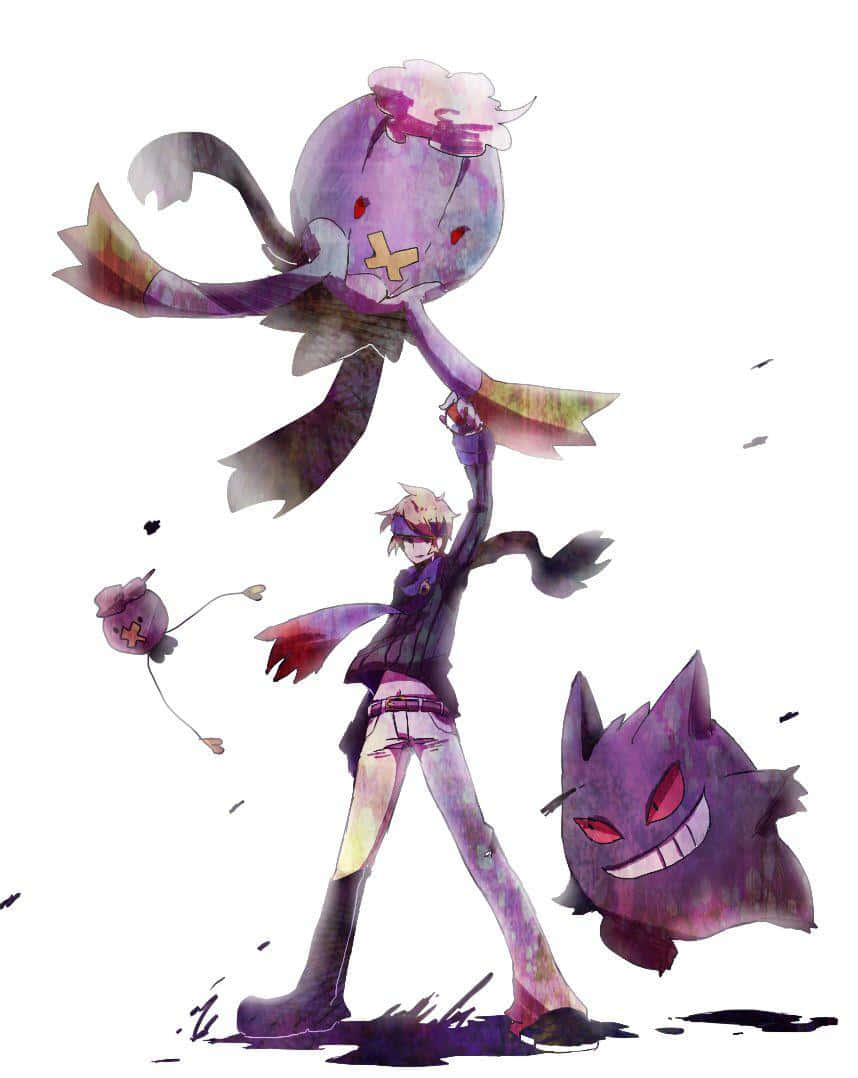 Pokemon Aesthetic 桌布 壁紙 — 一個風格化的動漫角色舉起一隻大型紫色幽靈寶可夢，另一隻在純白背景附近漂浮。