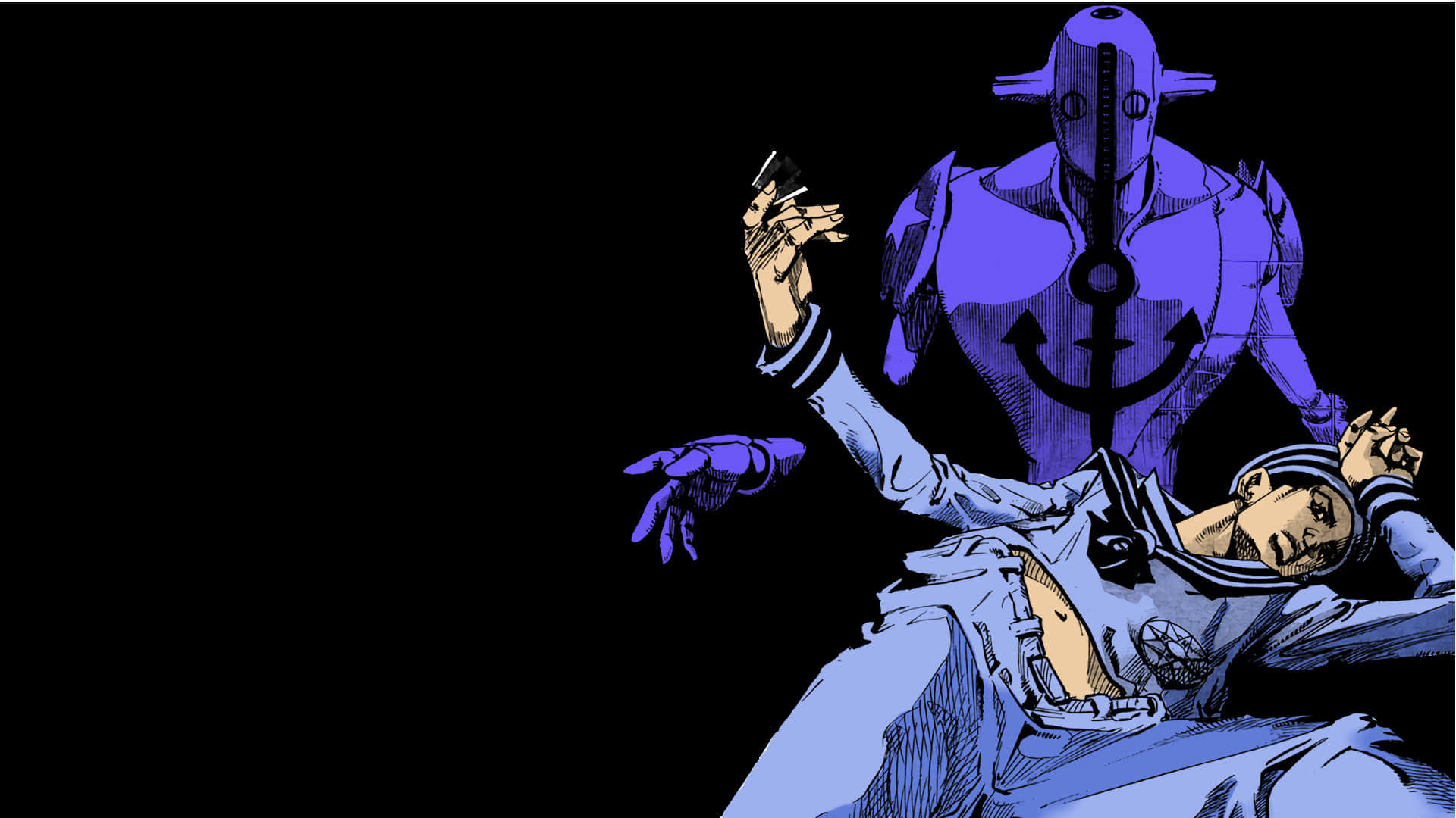 Jjba 桌布 壁紙 — 一個風格化的動漫角色被打敗躺下，而一個高大的紫色裝甲身影在黑色虛空中隱現於其後。