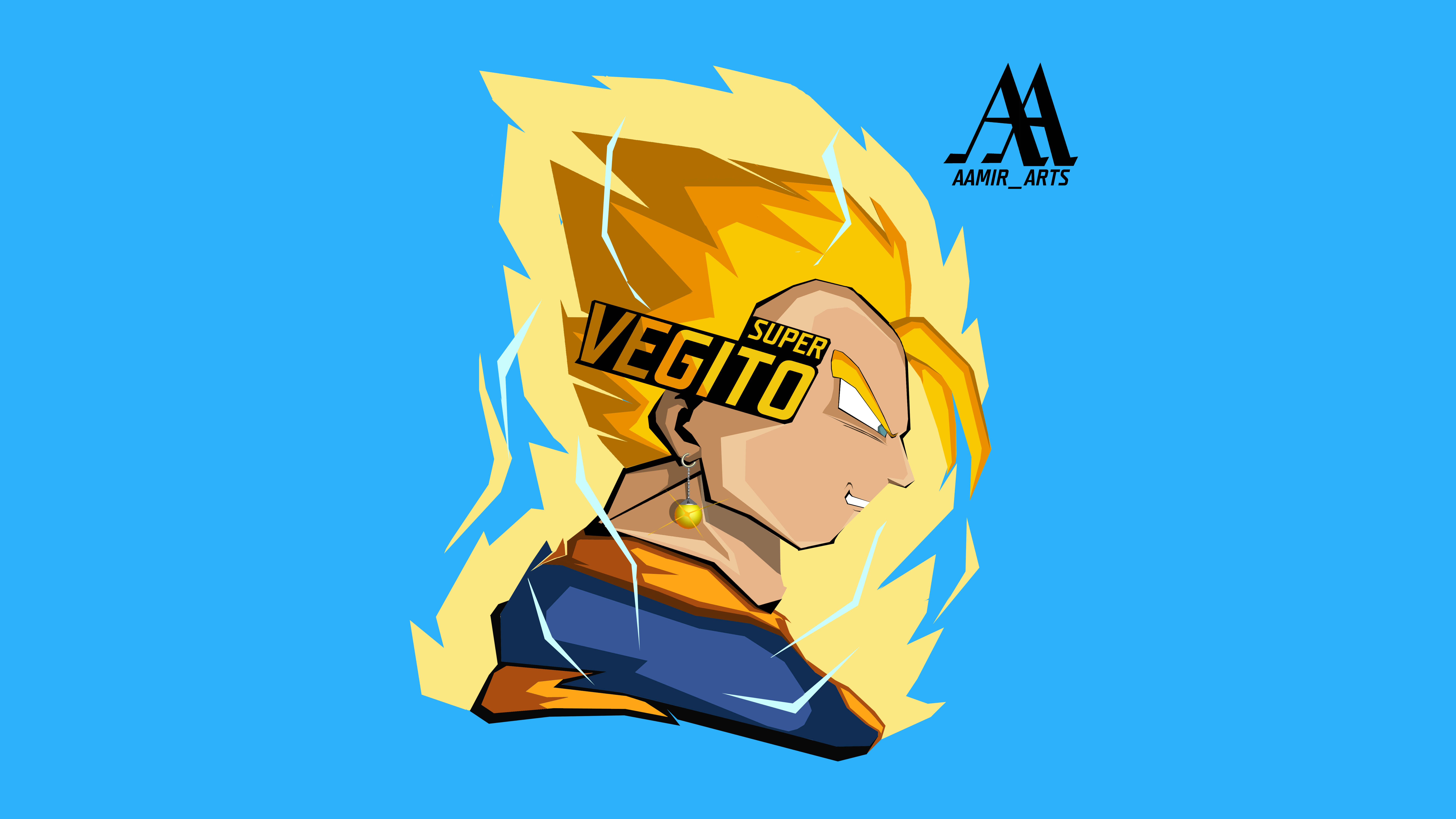 Vegito 桌布 壁紙 — 一個風格化的動漫角色超維吉特，擁有尖刺金色頭髮和藍色氣場，背景為純藍色。