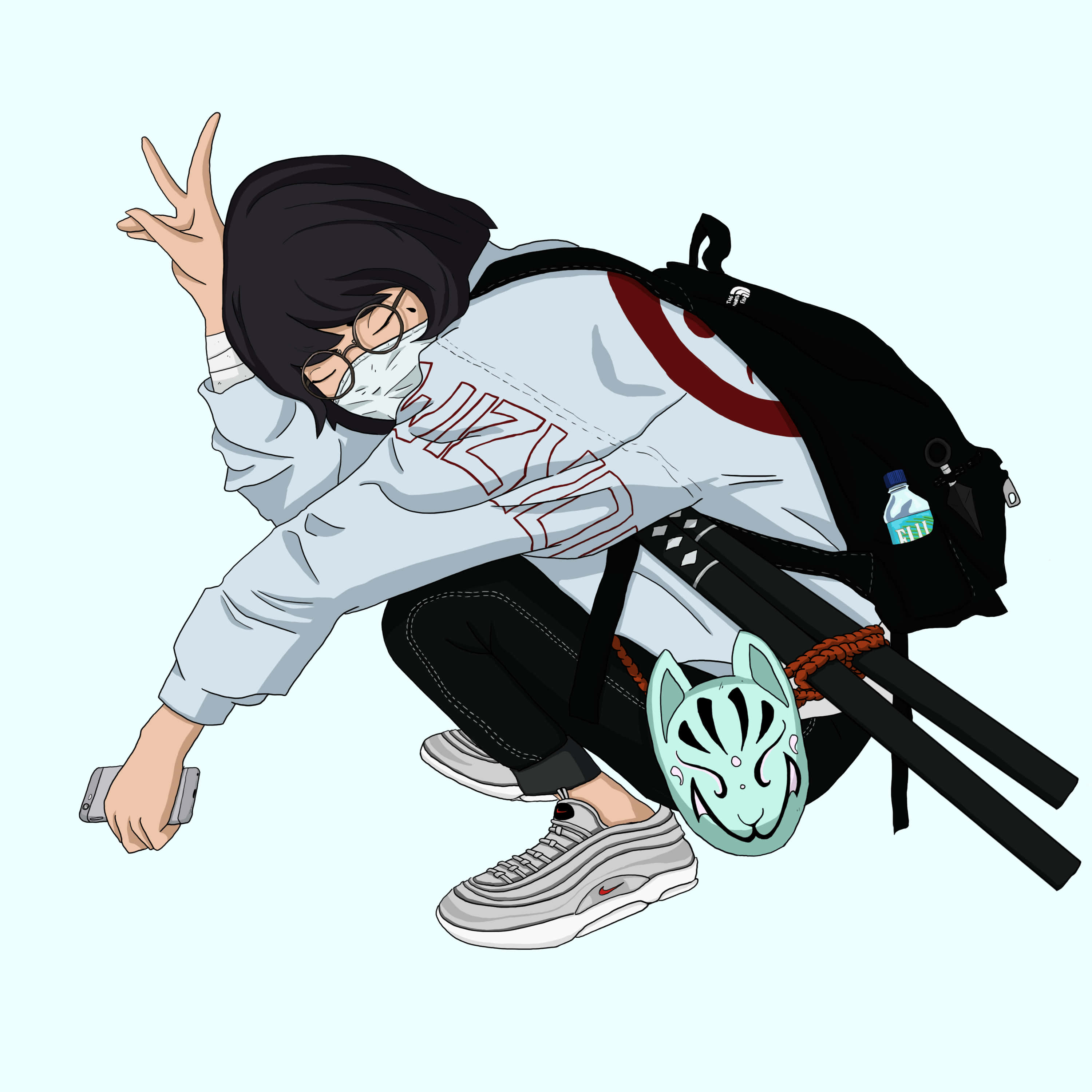Dope Naruto 桌布 壁紙 — 一個風格化的動漫角色蹲下做出和平手勢，背著背包，拿著電話，背景是淡藍色。
