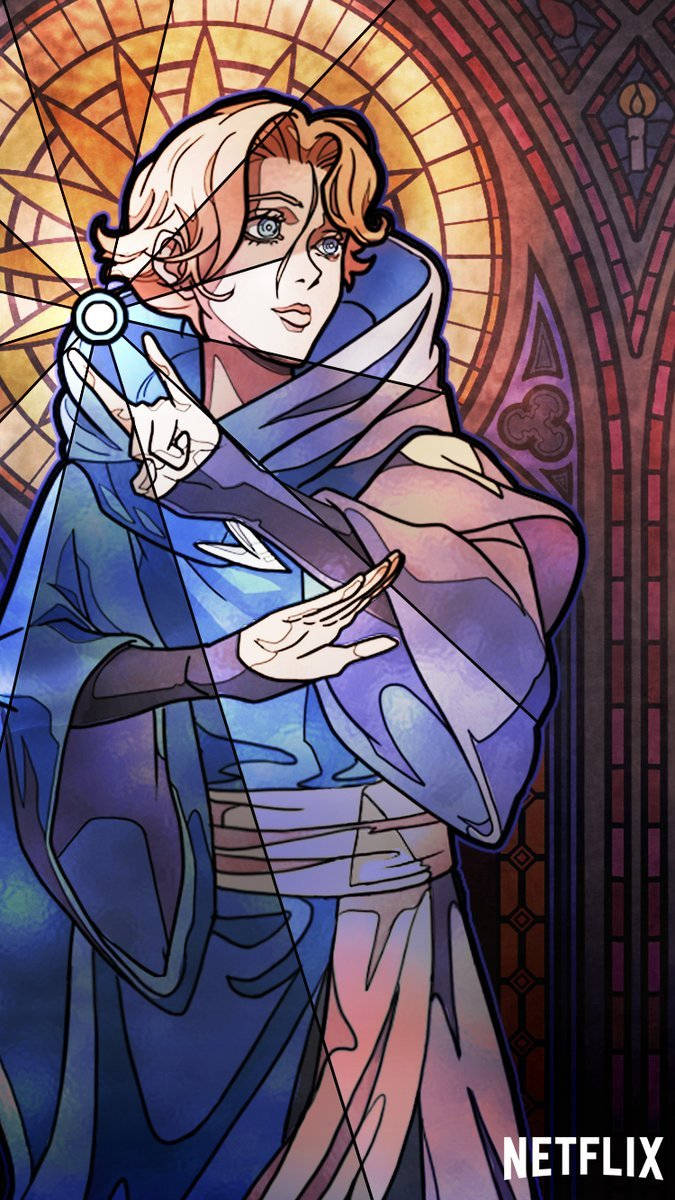 惡魔城 桌布 壁紙 — 一個風格化的動漫角色身穿藍色長袍，站在一個發光的彩色玻璃窗前，窗上有複雜的幾何圖案。