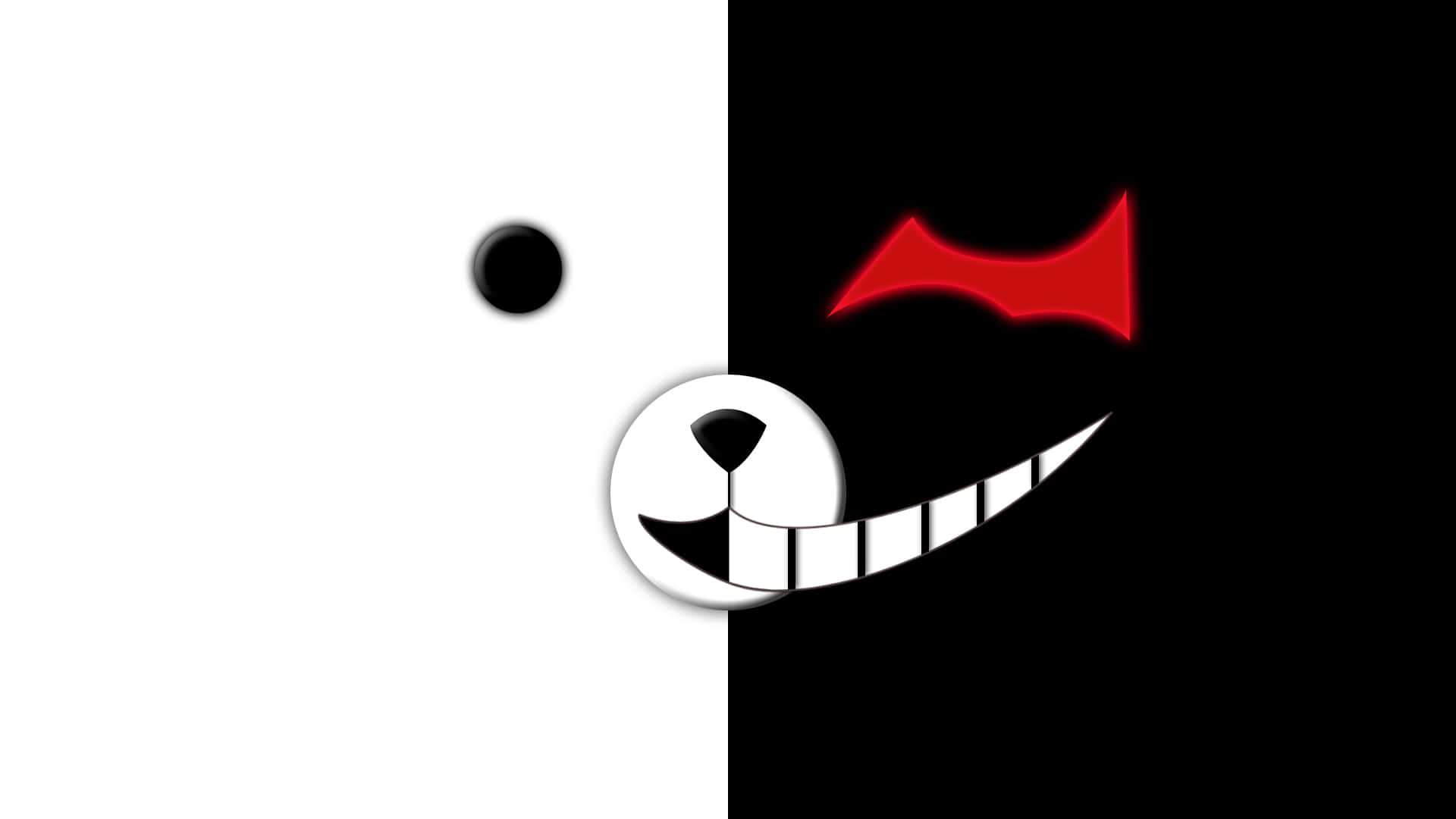 monokuma 桌布 壁紙 — 一個風格化的動漫角色面孔，從中間分開，一邊白色一邊黑色，有紅色眼睛和尖銳牙齒。