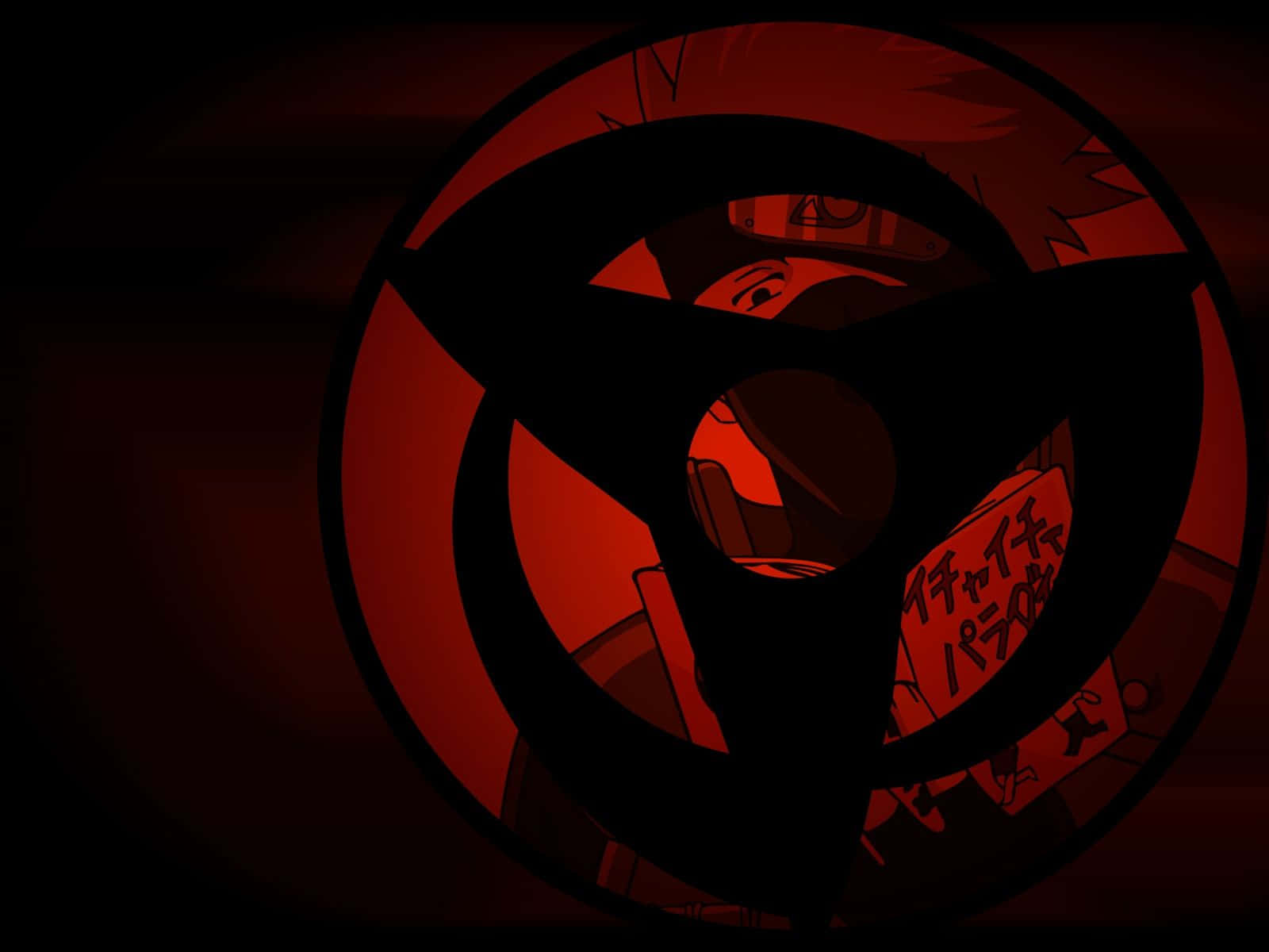 kakashi pfp 桌布 壁紙 — 一個風格化的動漫角色面孔在黑暗背景中透過發光的紅色寫輪眼符號窺視。