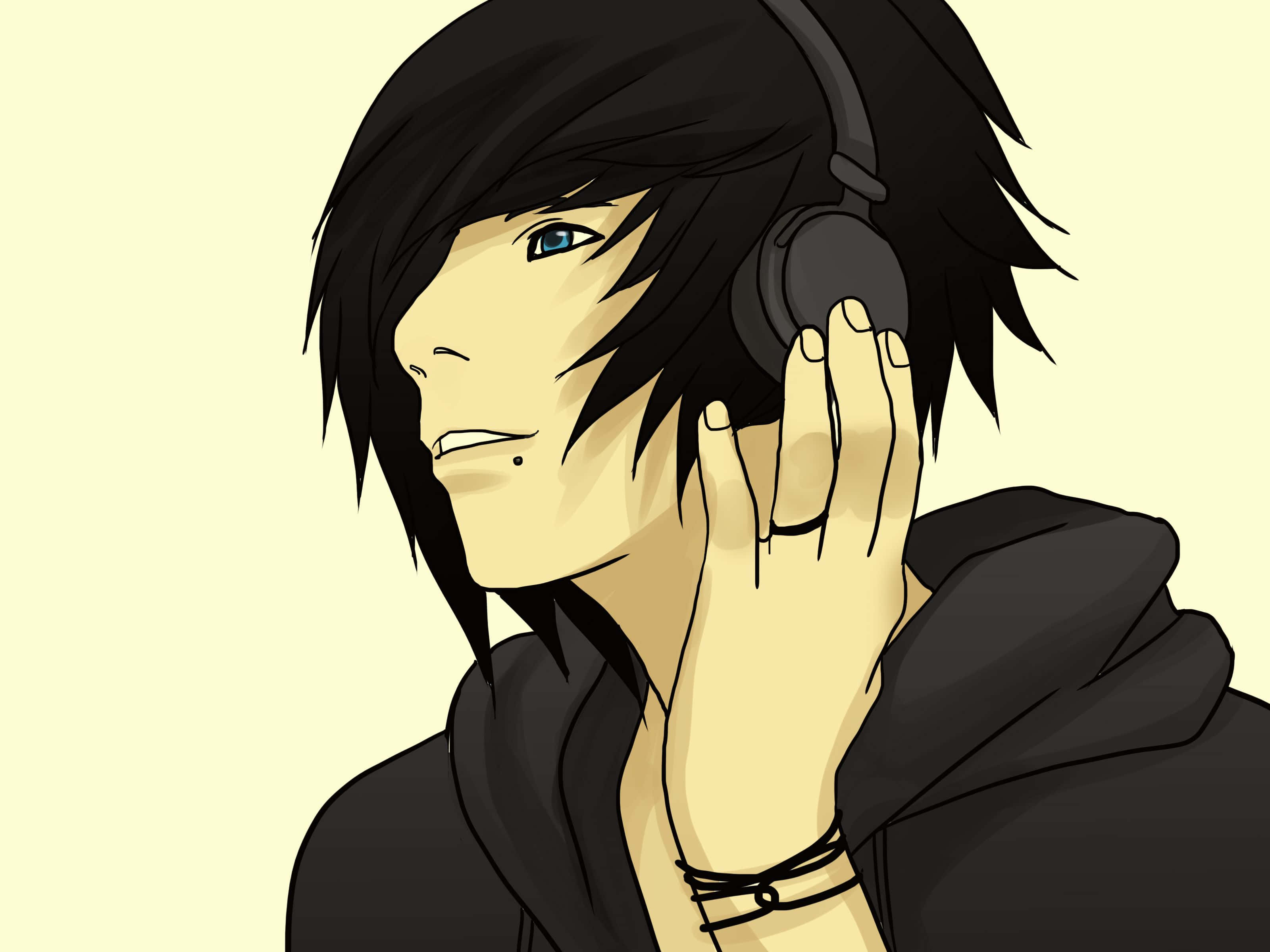 Emo Anime Boy 桌布 壁紙 — 一個風格化的動漫青年，黑髮藍眼，在淡黃色背景前透過頭戴式耳機專注地聽音樂。