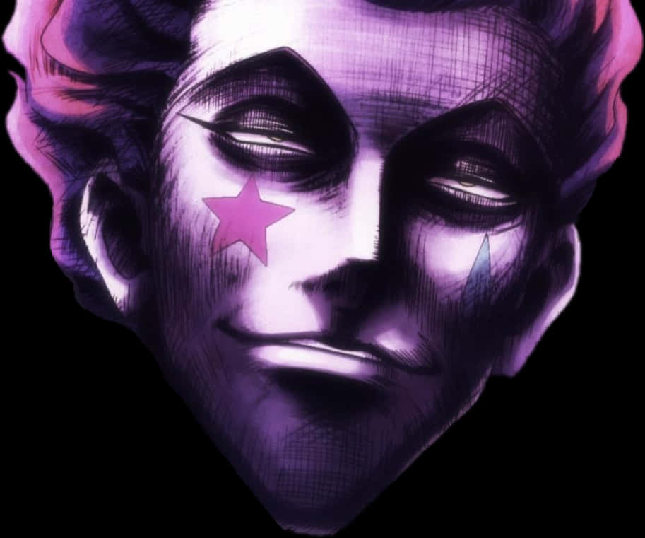 Villain 桌布 壁紙 — 一個風格化的動漫面孔，帶有紫色和粉紅色調，臉頰上有一顆星星，閉著眼睛，背景為黑色。