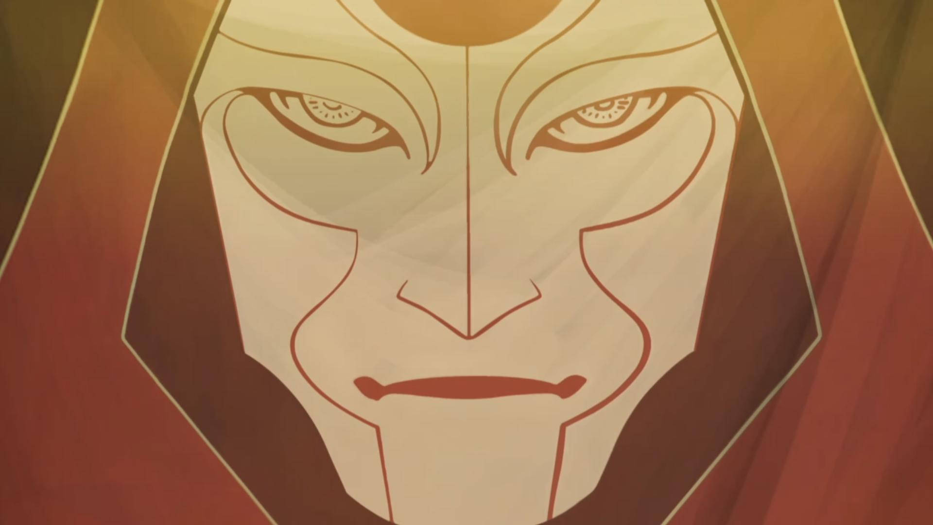 Korra 桌布 壁紙 — 一個風格化的動漫面孔，帶有銳利的紅線和溫暖的金色燈光，背景為深紅色。