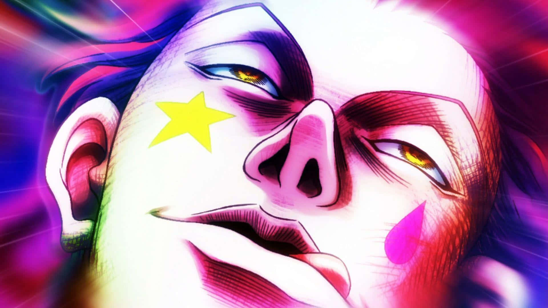 Hisoka Morow 桌布 壁紙 — 一個風格化的動漫面孔，臉頰上有一顆黃色星星和粉紅色眼淚，背景是充滿活力的紫色和藍色。