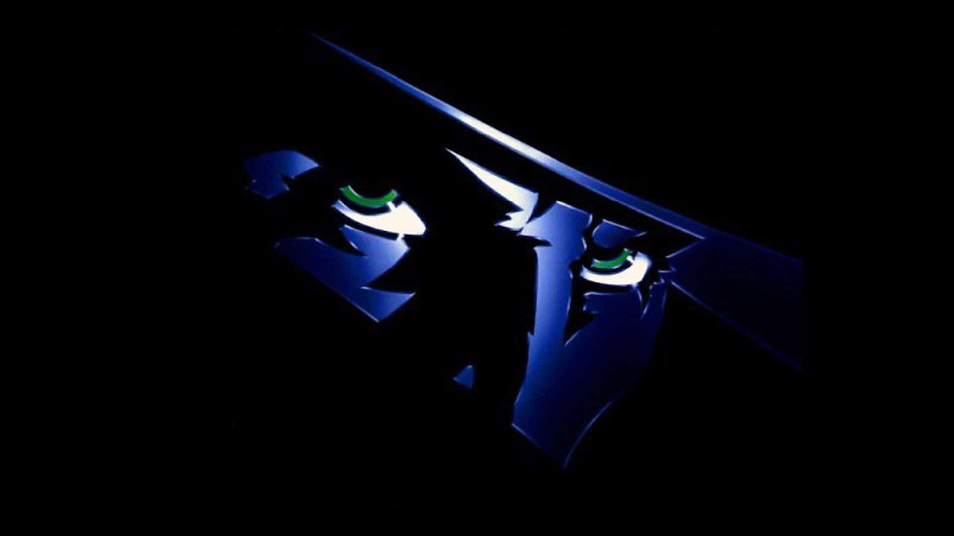 shadow 桌布 壁紙 — 一個風格化的動漫面孔在陰影中，帶有發光的綠色眼睛和銳利的藍色高光，背景為黑色。