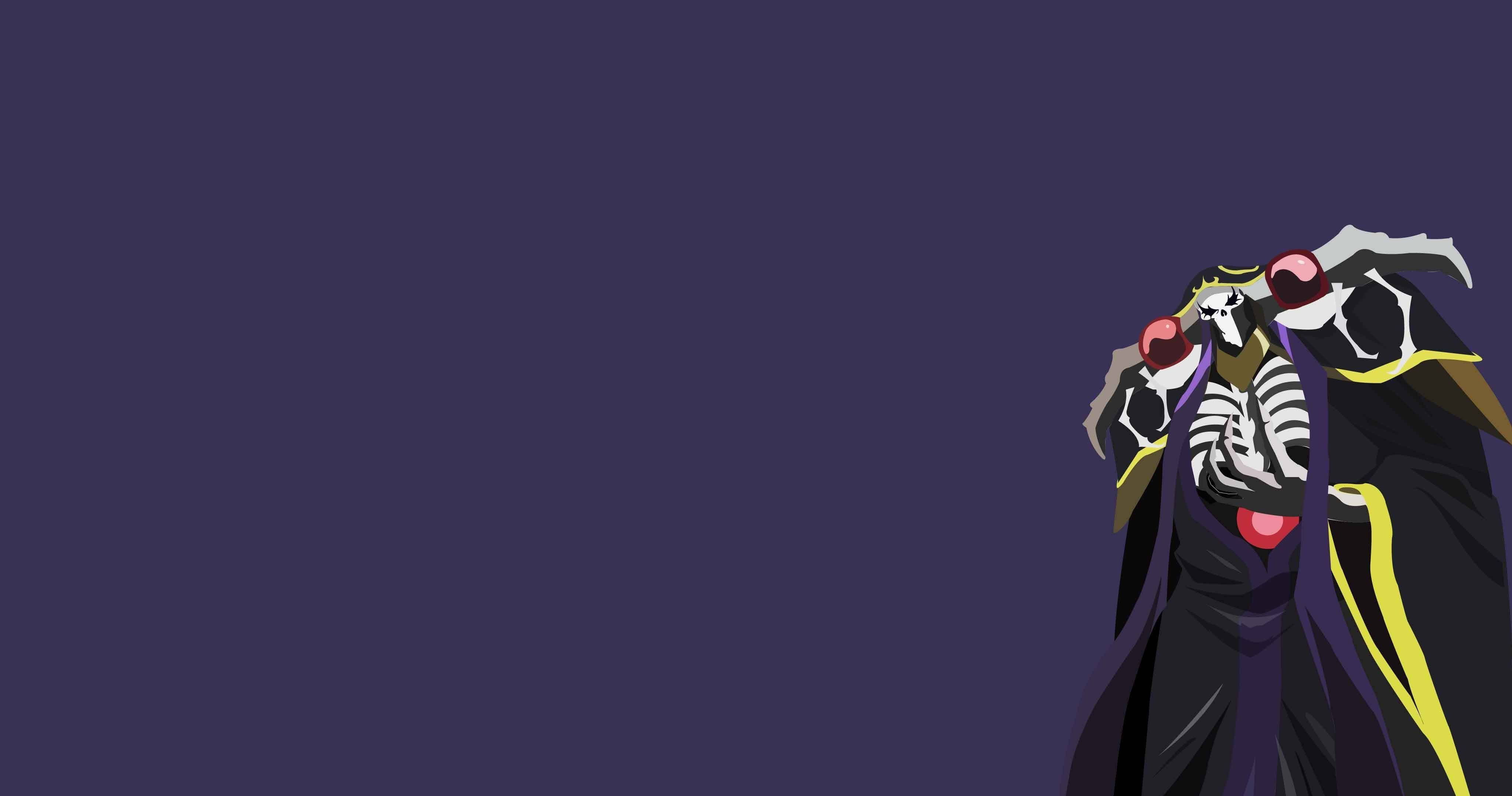 Minimalist Anime 桌布 壁紙 — 一個風格化的動漫骷髏角色，身穿帶有黃色點綴的深色長袍，站在純紫色背景前。