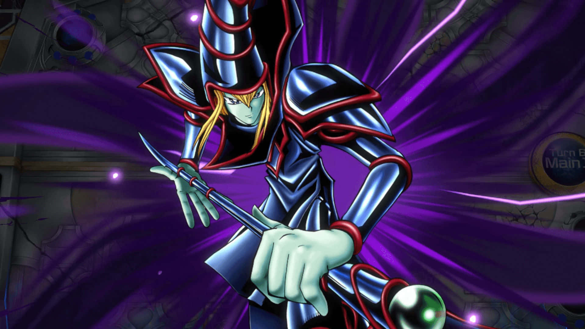 Yugioh Dark Magician 桌布 壁紙 — 一個風格化的動漫魔法師，身穿藍色和紅色盔甲，揮舞著發光的法杖，對抗充滿活力的紫色能量爆發。