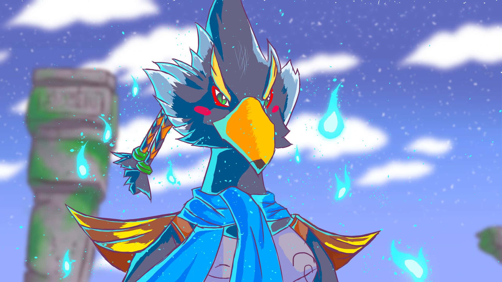 The Legend Of Zelda Revali 桌布 壁紙 — 一個風格化的動漫鳥戰士，帶著發光的藍色眼淚和藍色斗篷，站在多雲的天空和古代遺跡前。