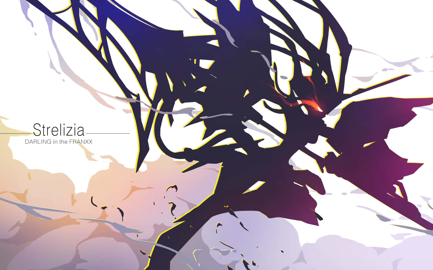 DARLING in the FRANXX 桌布 壁紙 — 一個風格化的動漫龍剪影，帶有發光的紅色眼睛，從柔和的粉彩天空中浮現。