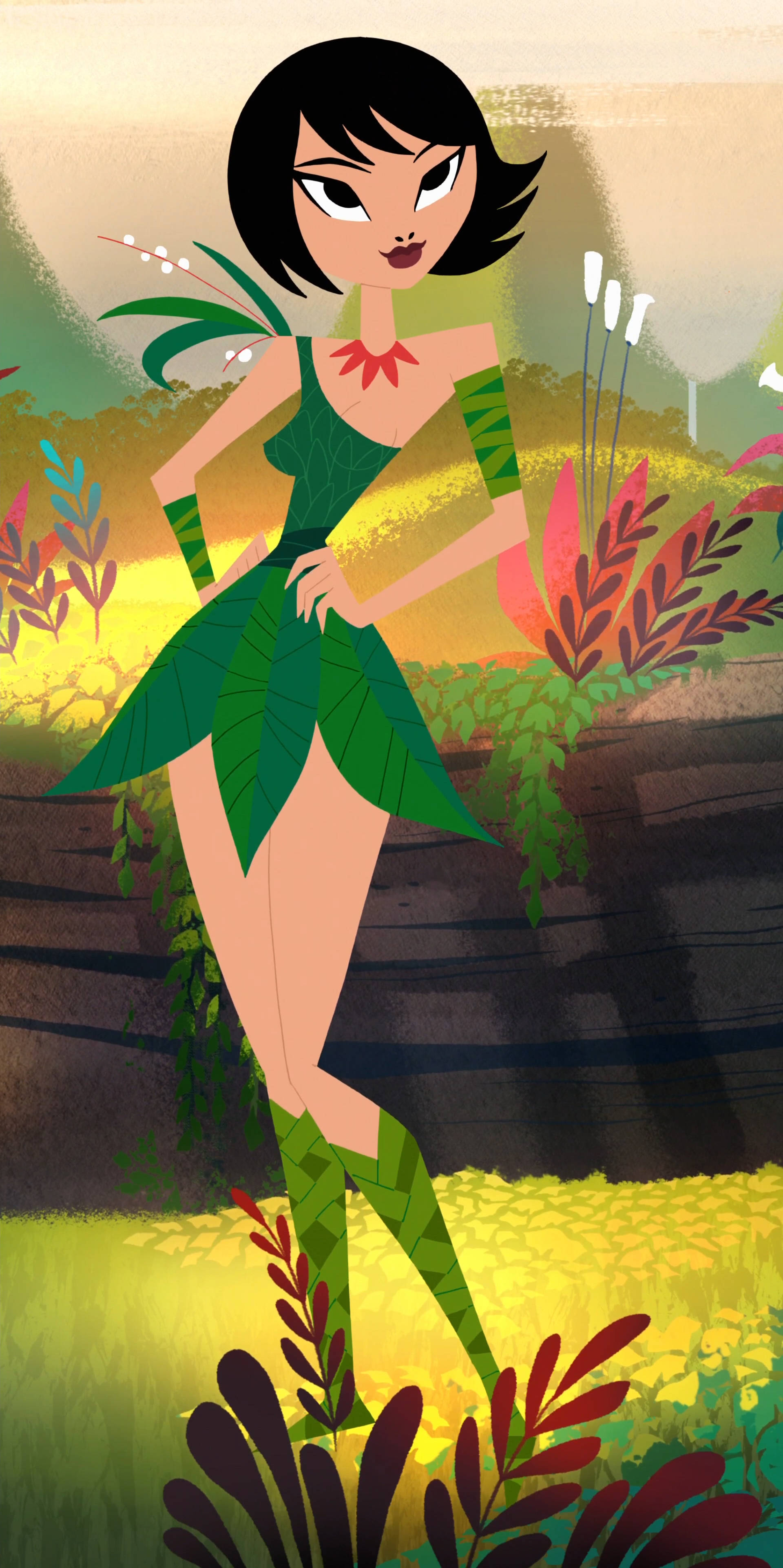 Animated 桌布 壁紙 — 一個風格化的動畫仙女，穿著翠綠的樹葉服裝，自信地站在沐浴在金色夕陽光芒中的生機勃勃的森林空地上。