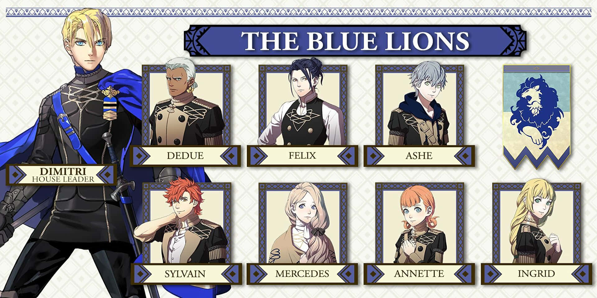 七個動畫角色穿著藍色和黑色制服，在藍色獅子橫幅下。 — Fire Emblem Warriors 壁紙