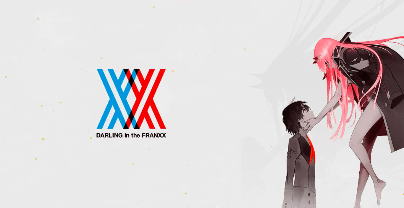 DARLING in the FRANXX 桌布 壁紙 — 一個風格化的動畫場景，描繪一個男孩和一個粉紅色頭髮的女孩在 DARLING in the FRANXX 標誌旁邊互相伸手。
