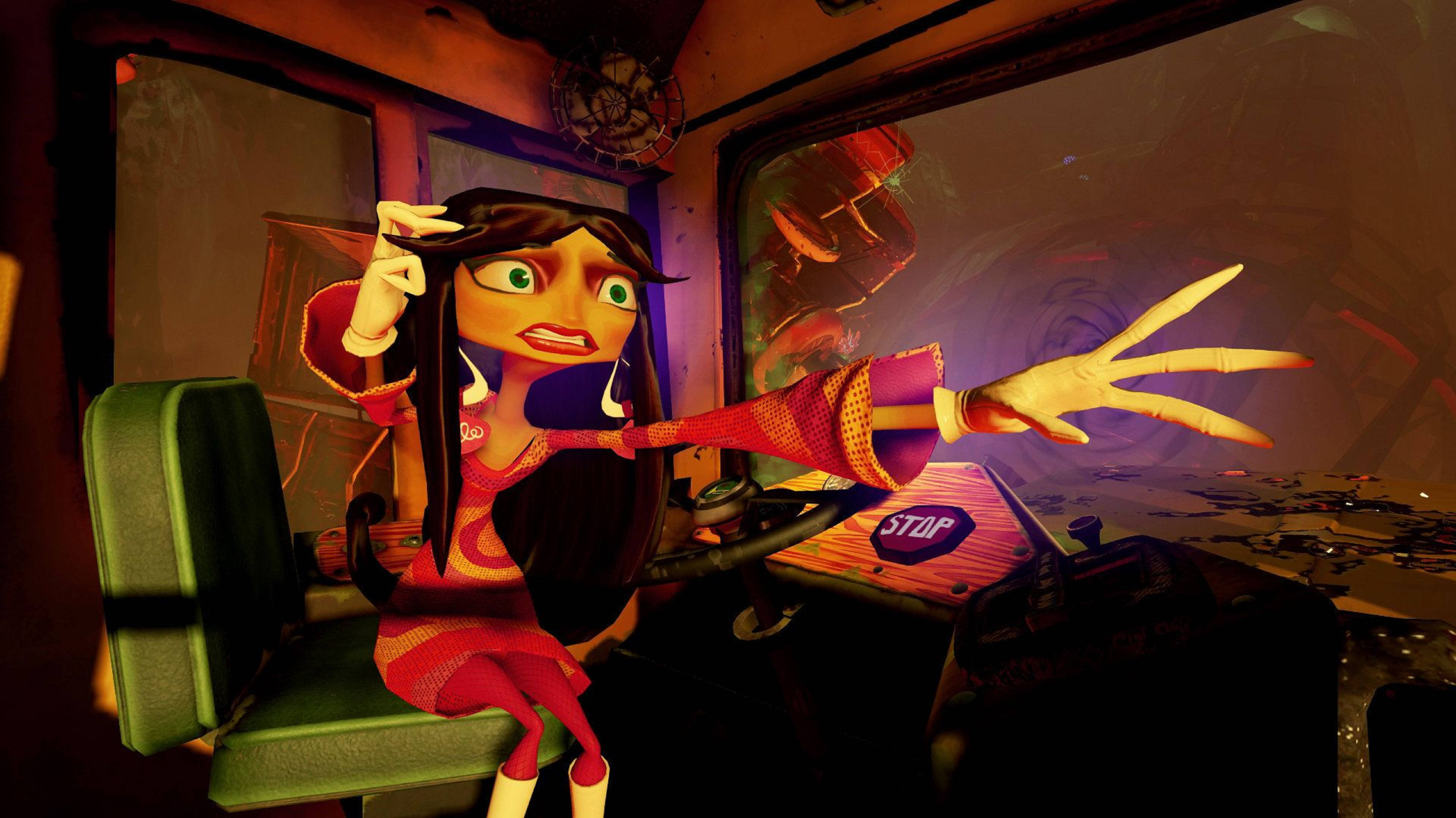 Psychonauts 桌布 壁紙 — 一個風格化的動畫女孩穿著紅色衣服坐在火車車廂內，一隻手伸出，另一隻手觸碰她的頭髮，被溫暖的內部燈光照亮。