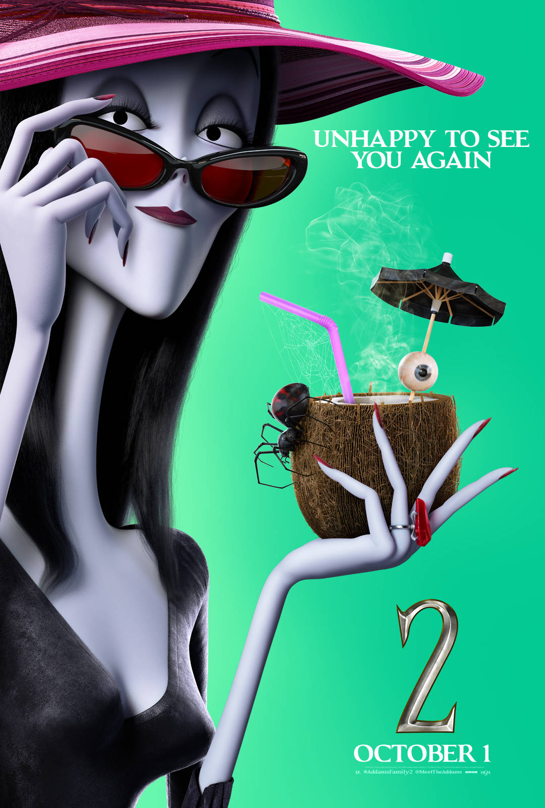 The Addams Family 2 桌布 壁紙 — 一個風格化的動畫女性，戴著粉紅色帽子和太陽眼鏡，在青綠色背景前拿著一杯有蜘蛛和眼球裝飾的椰子飲料。