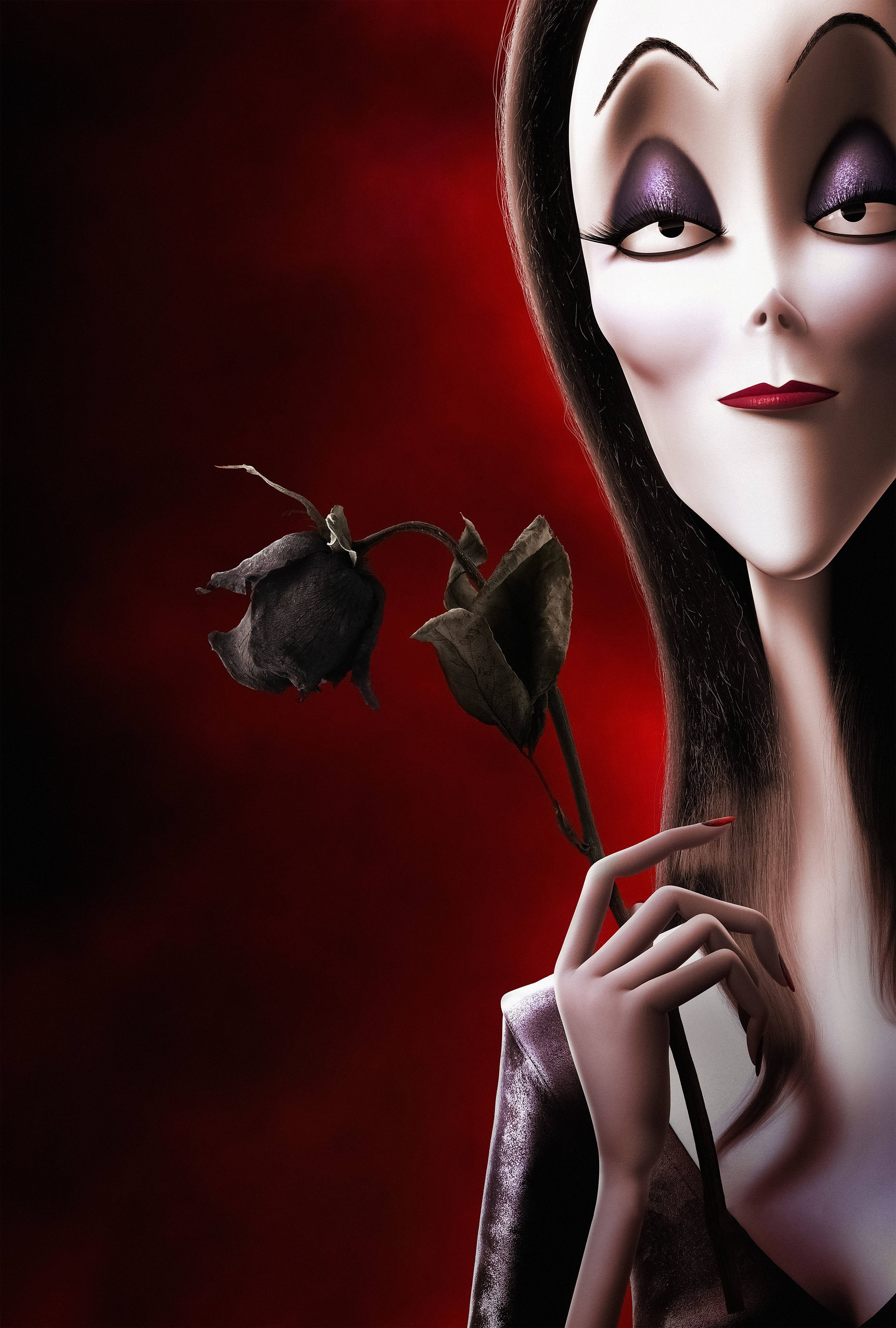 The Addams Family 桌布 壁紙 — 一個風格化的動畫女性，擁有紫色眼睛和紅色嘴唇，在深紅色背景下握著一朵枯萎的黑玫瑰。