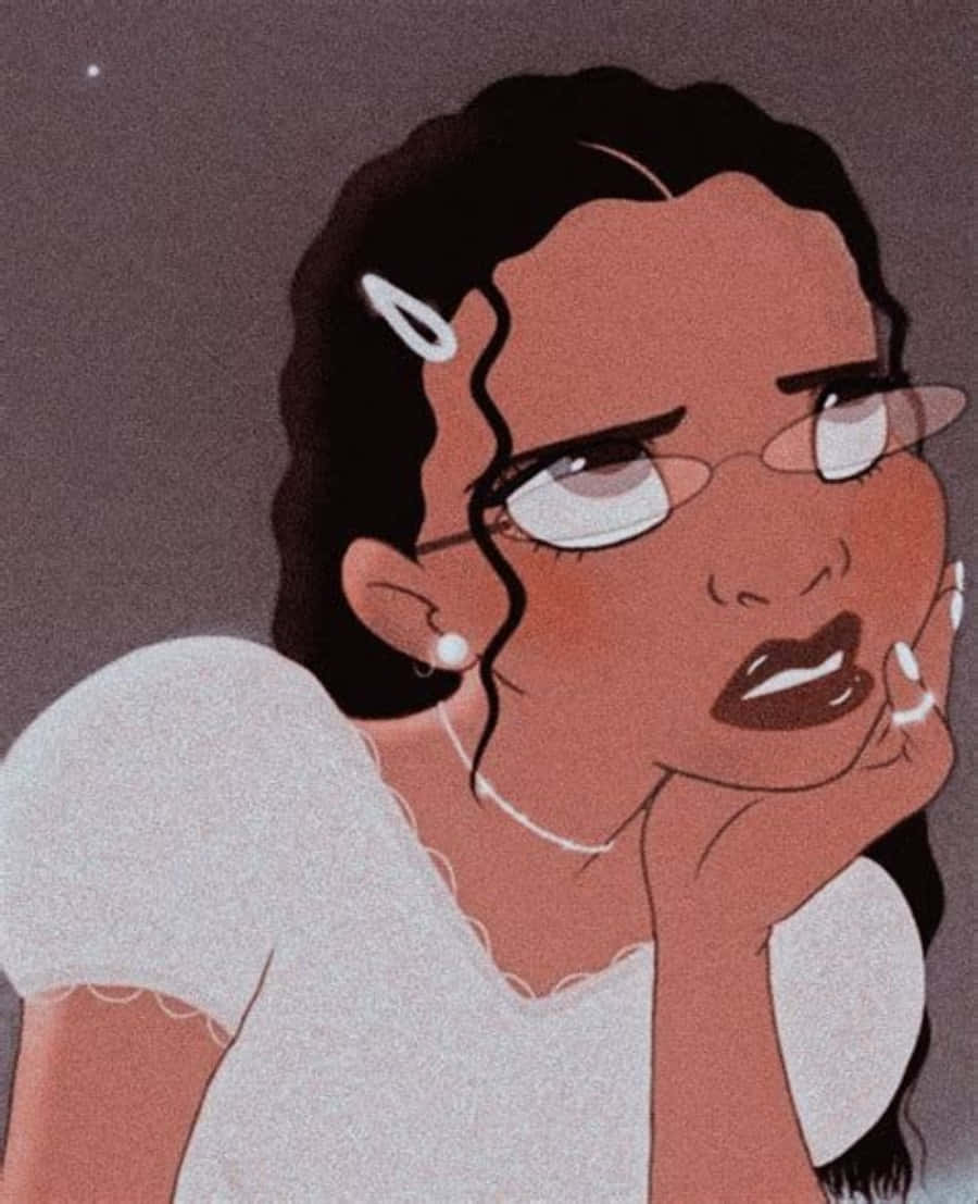 Baddie Profile 桌布 壁紙 — 一個風格化的動畫女性，深色捲髮戴眼鏡，在柔和的灰色背景上用手托著下巴。