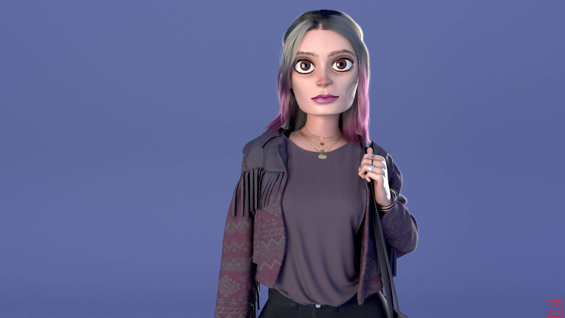 maeve wiley 桌布 壁紙 — 一個風格化的動畫女性，紫色頭髮和大眼睛，站在純藍色背景前，拿著一個袋子。