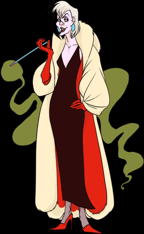 惡魔 桌布 壁紙 — 一個風格化的動畫女性，身穿白色毛皮大衣和紅色連衣裙，在黑色背景上抽煙，帶有綠色煙霧漩渦。