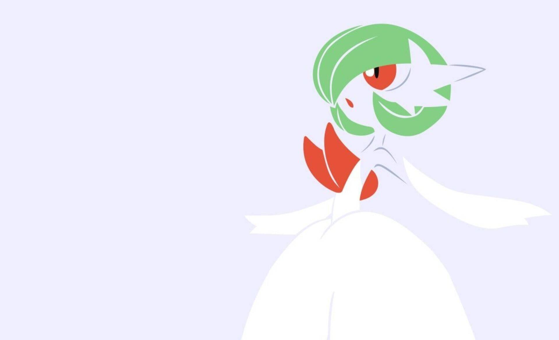 Gardevoir 桌布 壁紙 — 一個風格化的動畫寶可夢，帶有綠色葉狀頭飾和紅色眼睛，站在柔和的薰衣草背景前。
