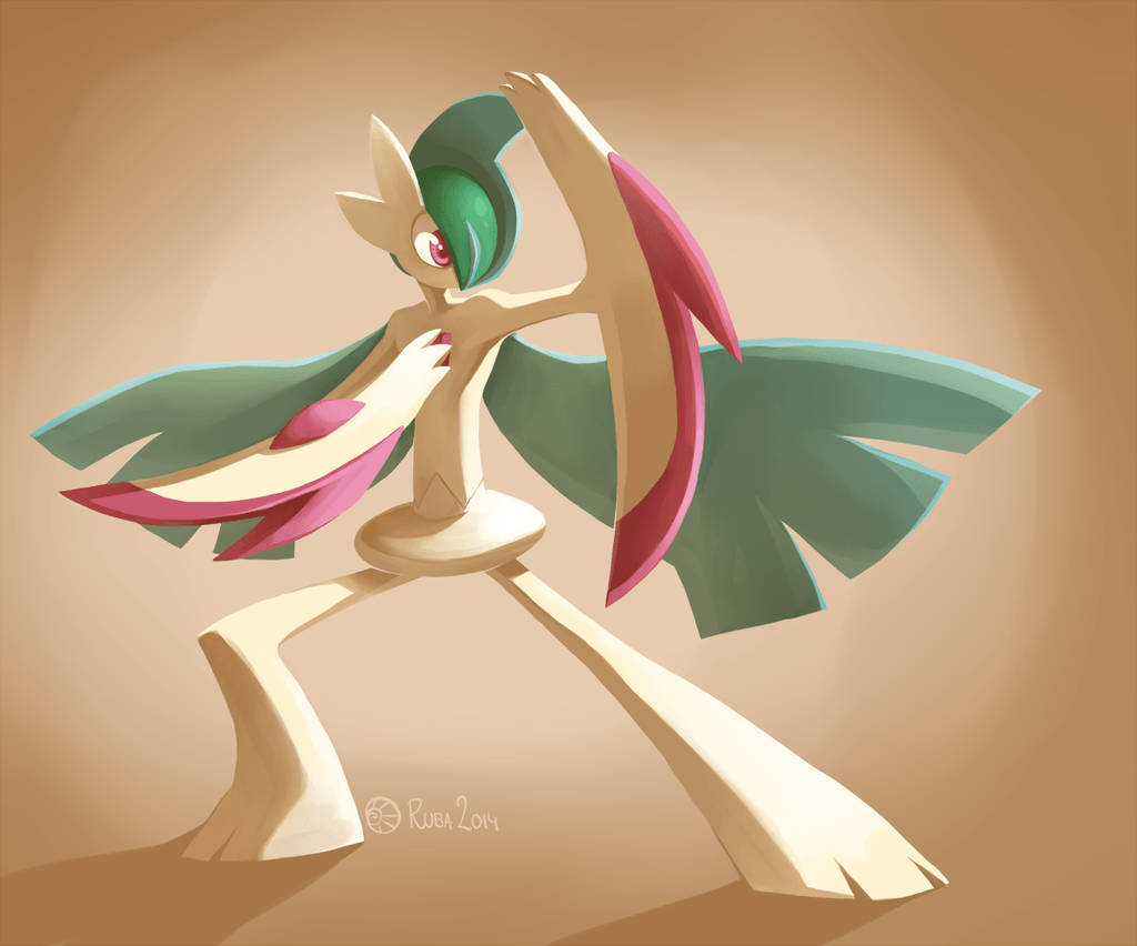 Gallade 桌布 壁紙 — 一個風格化的動畫寶可夢，擁有綠色頭髮和流動的粉紅色及藍綠色翅膀，在溫暖的米色背景前擺出優雅的姿勢。