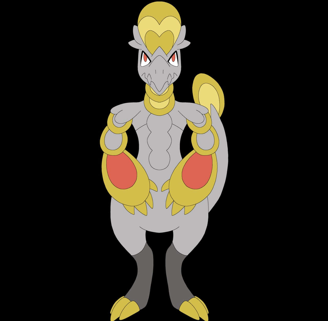 Pokemon Aesthetic 桌布 壁紙 — 一個風格化的動畫寶可夢，灰色身體帶有金色點綴和紅色胸甲，站在黑色背景前。
