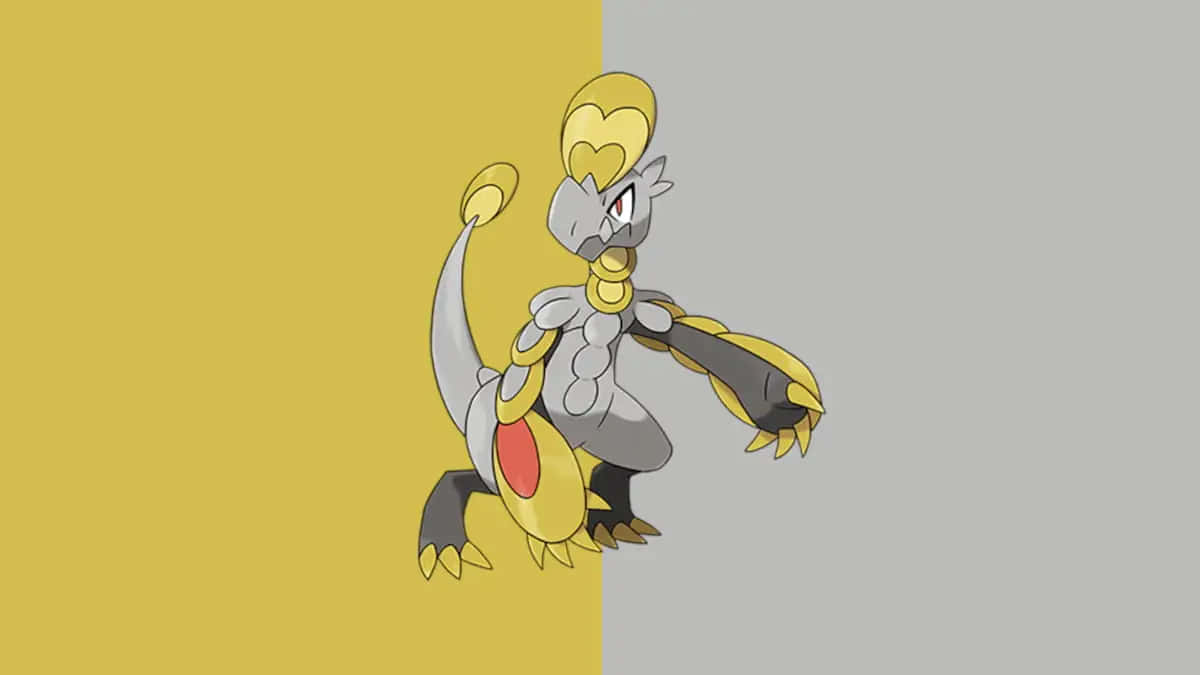 Pokemon Aesthetic 桌布 壁紙 — 一個風格化的動畫寶可夢，穿著金色和灰色的盔甲，站在一個分為黃色和灰色的背景前。