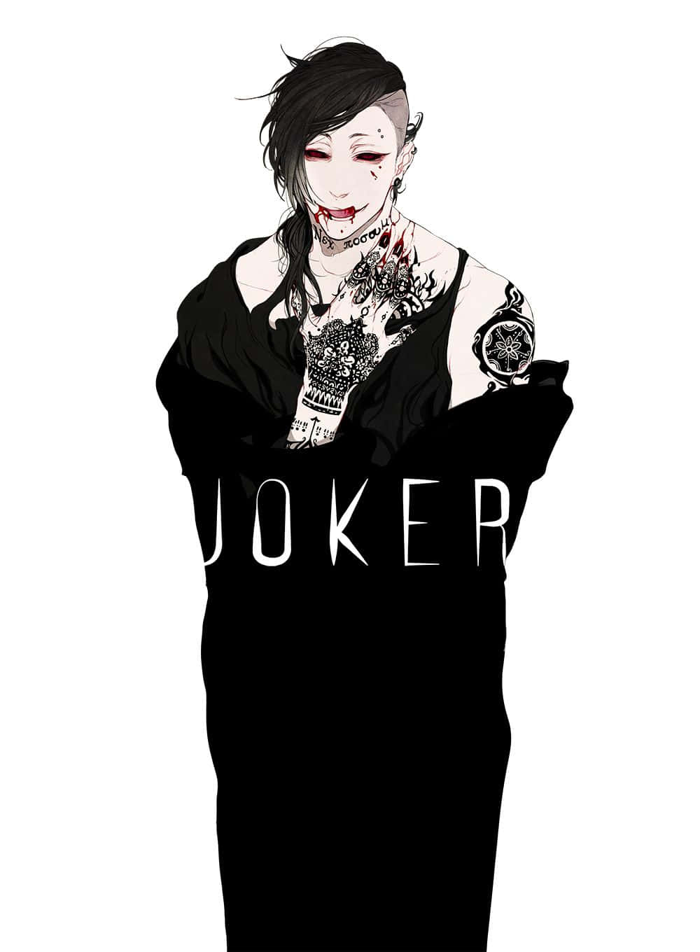 Tokyo Ghoul Uta 桌布 壁紙 — 一個風格化的動畫小丑，帶有深色刺青和紅色眼睛，穿著黑色長袍，站在純白背景前。
