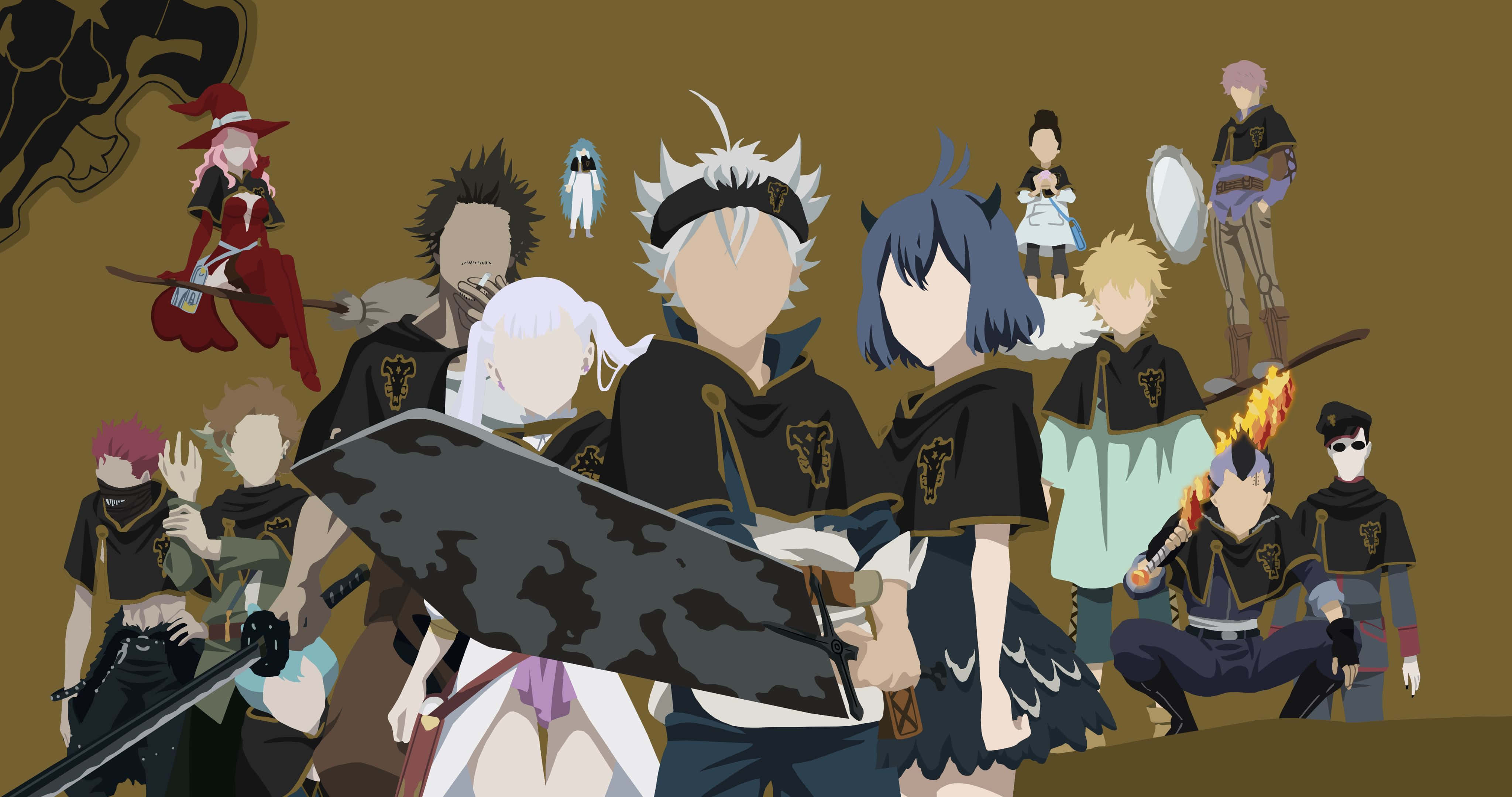 Black Clover Yami 桌布 壁紙 — 一個風格化的動畫戰士和法師團體，身穿帶有金色徽章的黑色制服，準備在柔和的棕色背景下戰鬥。