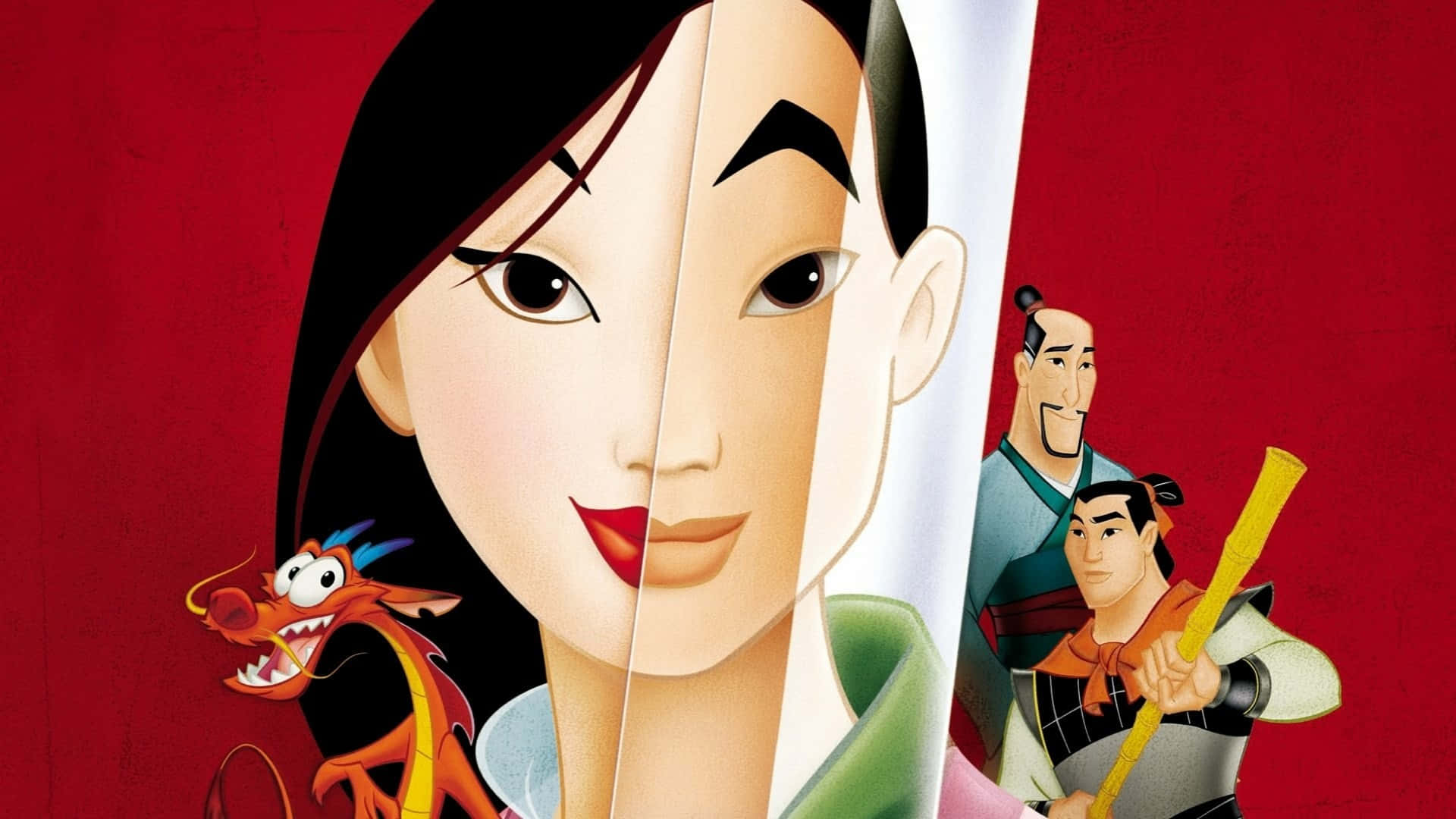 Mulan 桌布 壁紙 — 一個風格化的動畫木蘭肖像，從中間分開，臉部鏡像，兩側是木須和兩名士兵，背景為大膽的紅色。