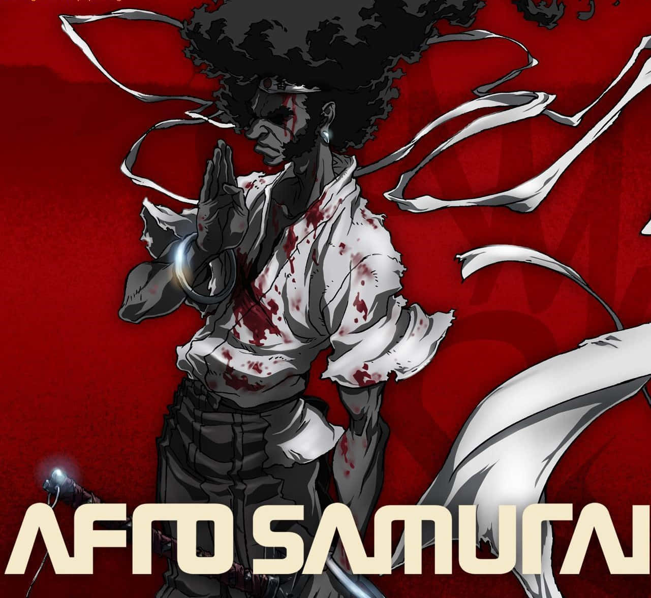 Afro Samurai 桌布 壁紙 — 一個風格化的動畫武士，帶有非洲式髮型，在鮮紅色背景和動態白色能量條紋中擺出戰鬥姿勢。