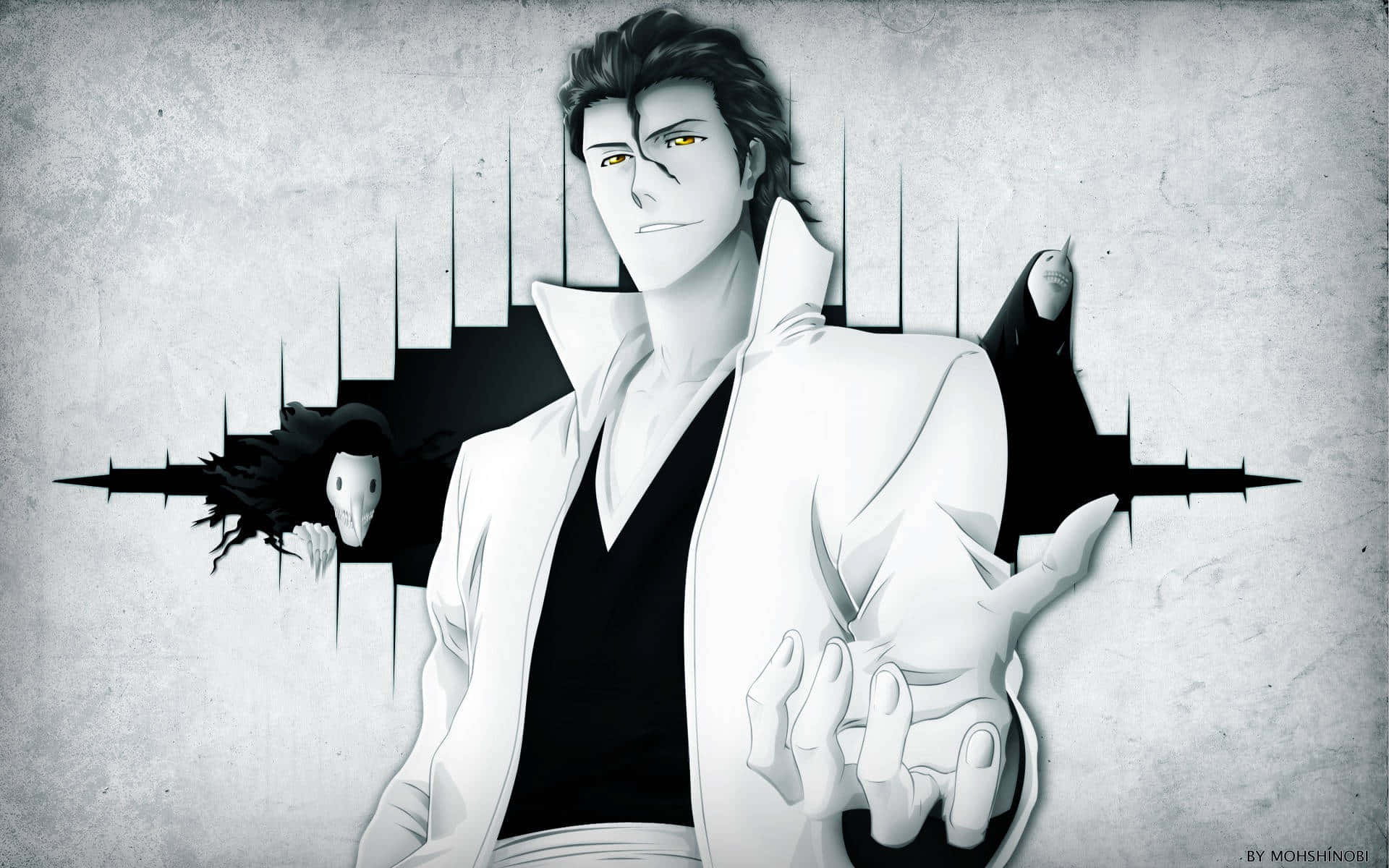Bleach Phone 桌布 壁紙 — 一個風格化的動畫男人穿著白色外套，身後有一個戴面具的人物，背景是破裂的灰色牆壁。