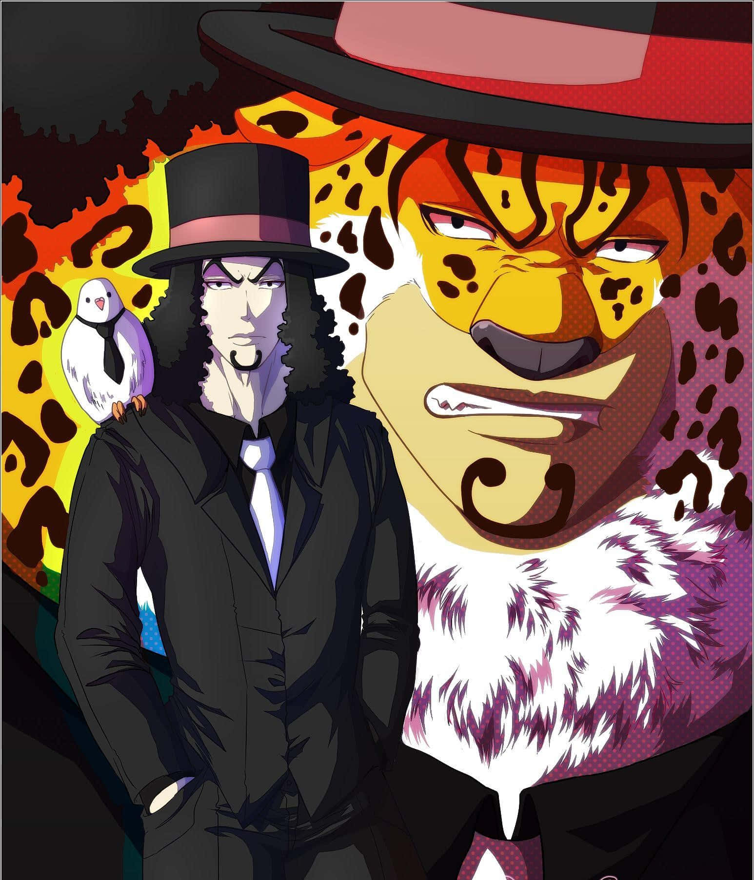Rob Lucci 桌布 壁紙 — 一個風格化的動畫男子，身穿黑色西裝和高帽，站在一個大個子、豹臉的男子旁邊，後者肩上有一隻白鳥。