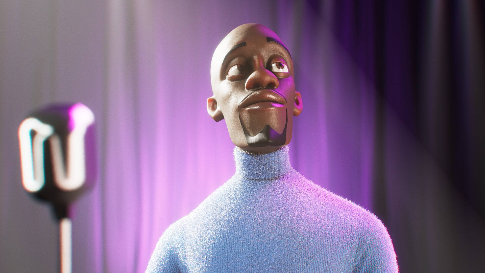 Frozone 桌布 壁紙 — 一個風格化的動畫男子穿著毛茸茸的藍色高領毛衣，在紫色舞台燈光下，在發光的麥克風旁邊向上凝視。