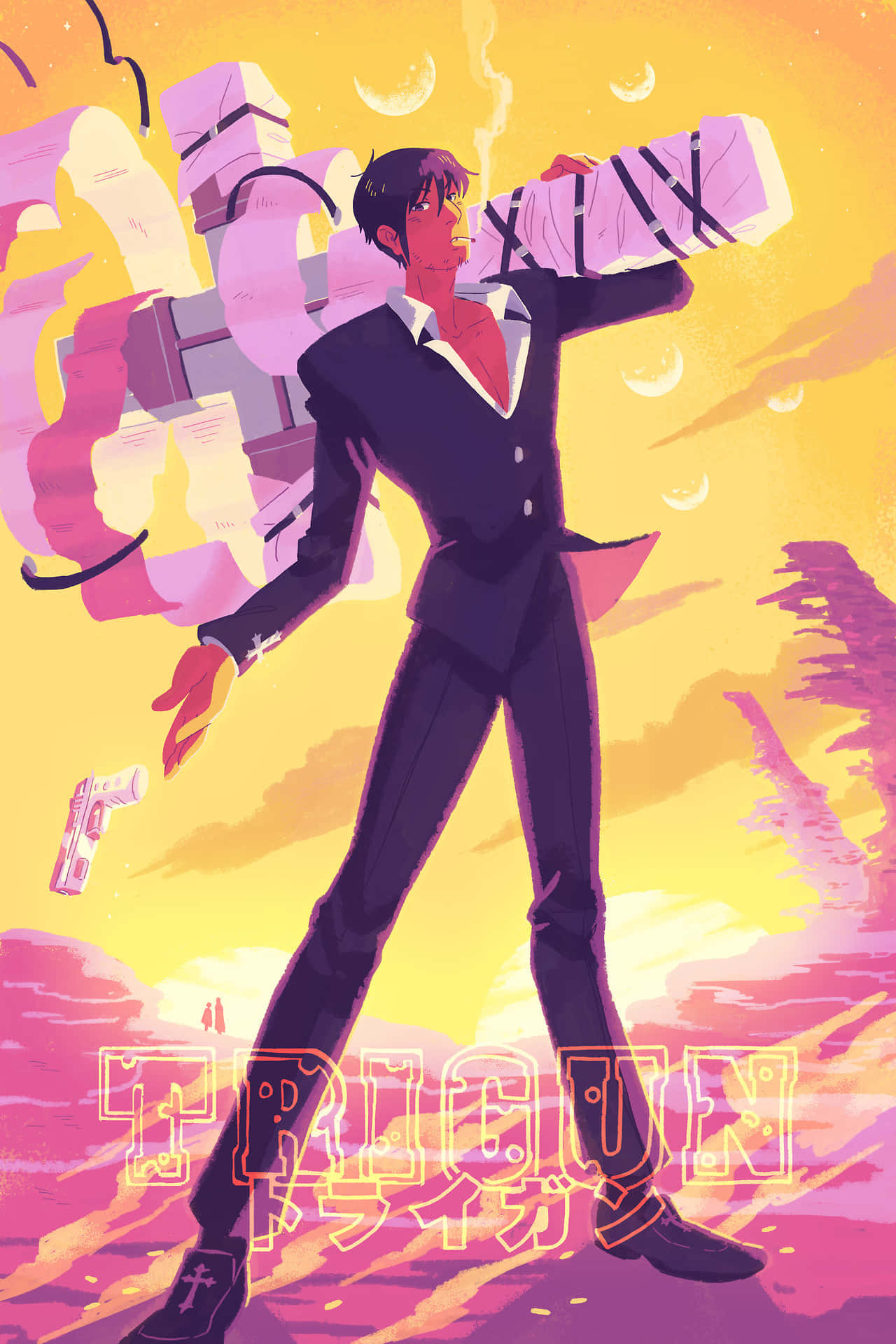 Nicholas D Wolfwood 桌布 壁紙 — 一個風格化的動畫男子穿著西裝，在充滿活力的黃色和粉紅色日落天空下，肩上扛著一把巨大的槍。