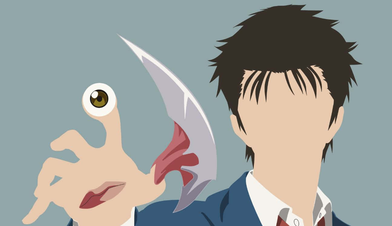 Cartoon Horror 桌布 壁紙 — 一個風格化的動畫男子穿著西裝，手持一個帶有浮動眼睛和嘴唇的超現實武器，背景為柔和的藍色。