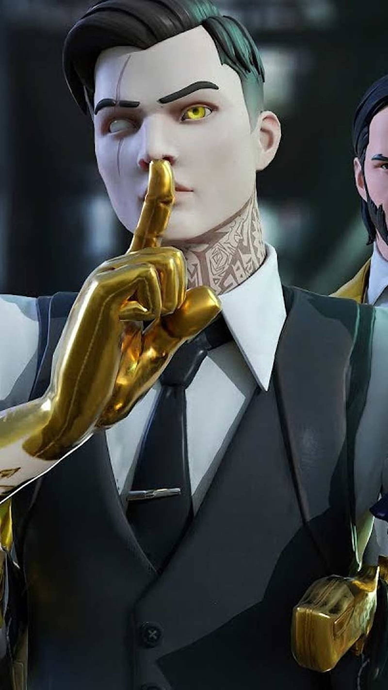 Midas 桌布 壁紙 — 一個風格化的動畫男子穿著西裝，金色的手將手指放在嘴唇上讓觀眾安靜，同時露出複雜的頸部紋身。
