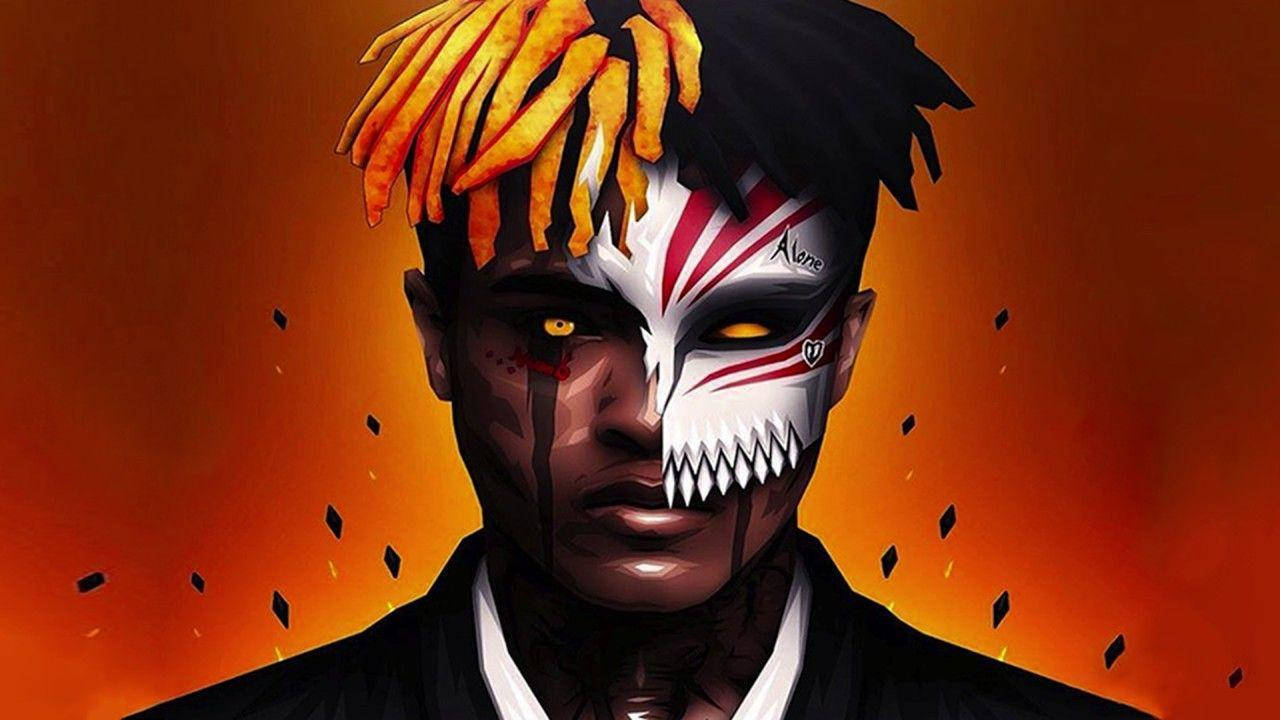 xxxtentacion 動畫 桌布 壁紙 — 一個風格化的動畫男子肖像，半邊臉畫成骷髏，頭髮裡有薯條，背景是火熱的橙色。