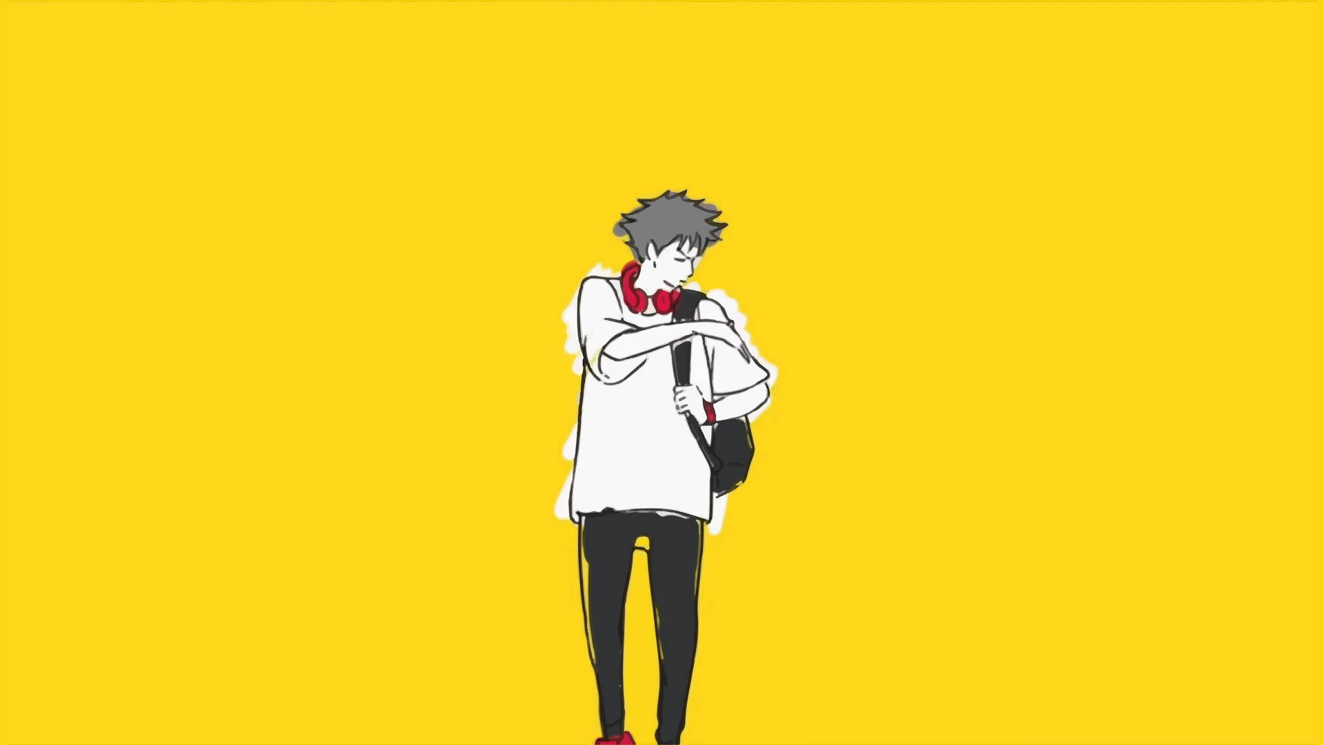 灰色頭髮戴紅色耳機的動畫男孩，雙臂交叉站在黃色背景上。