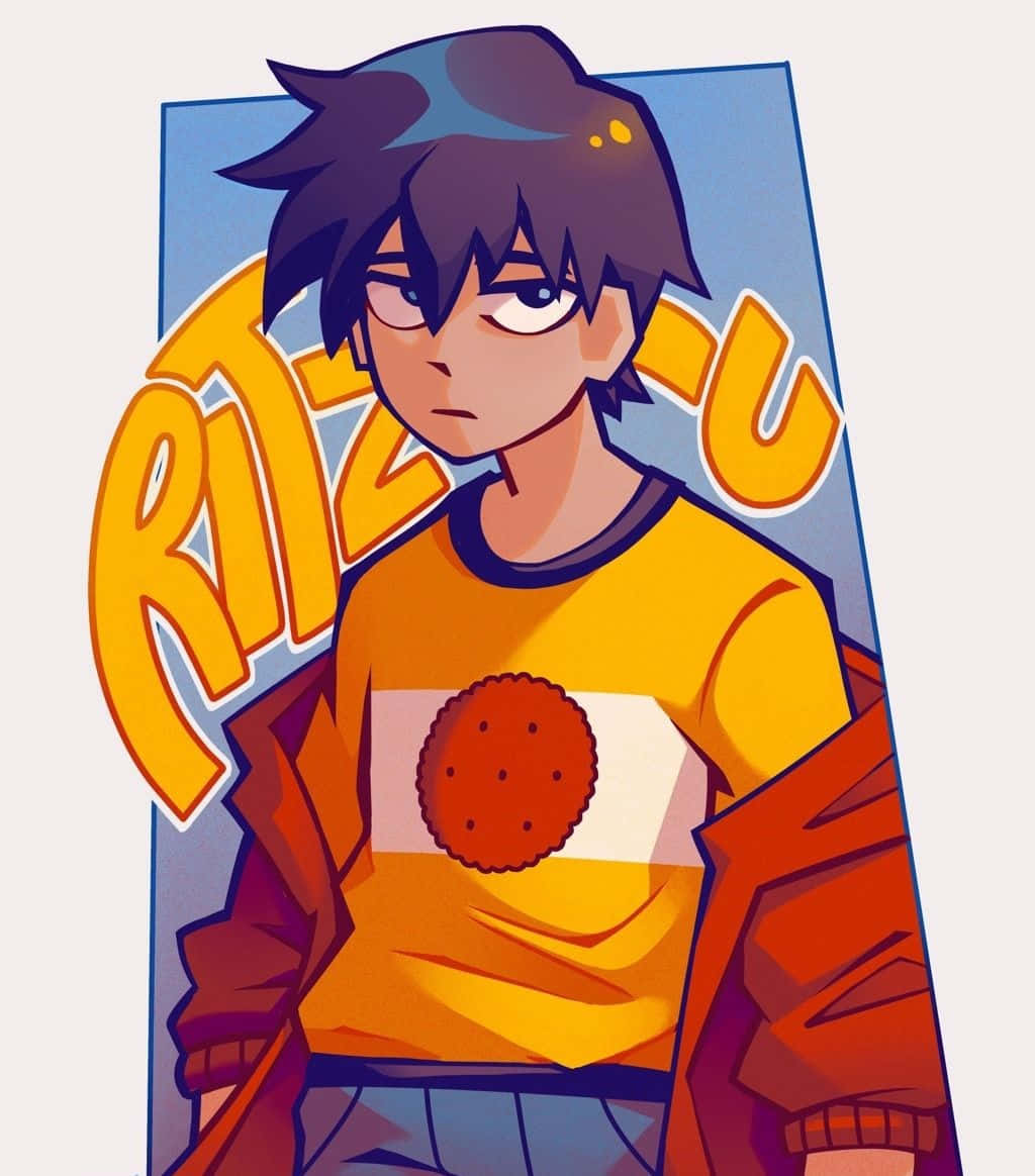 Ritsu Kageyama 桌布 壁紙 — 一個風格化的動畫男孩，黑髮，穿著帶有Ritz餅乾圖案的黃色襯衫，自信地站在藍色背景前，背景上有粗體橙色文字。